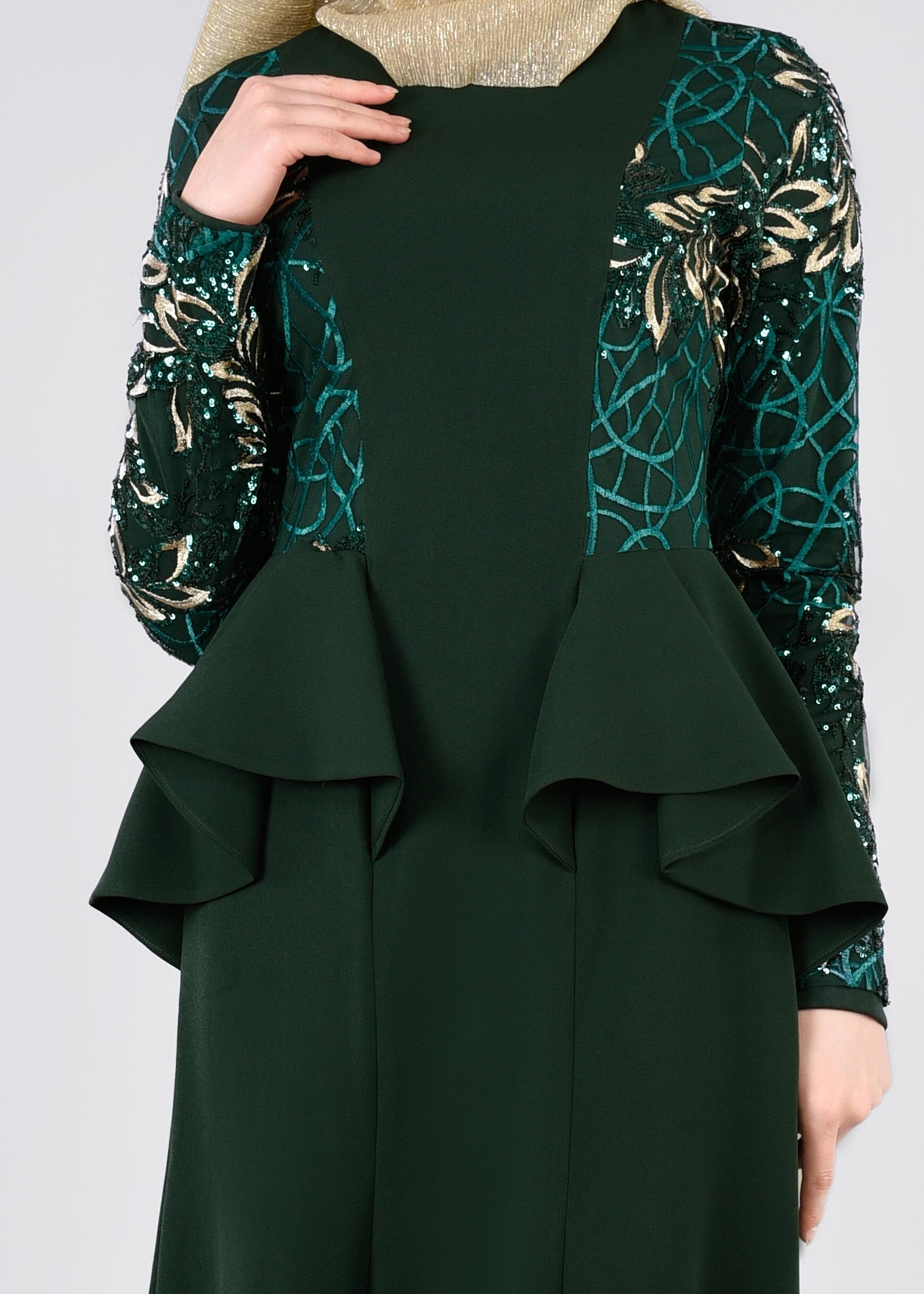 Hijab clothing GREEN SEQUINED FRILL DETAIL EVENING DRESS 5387
