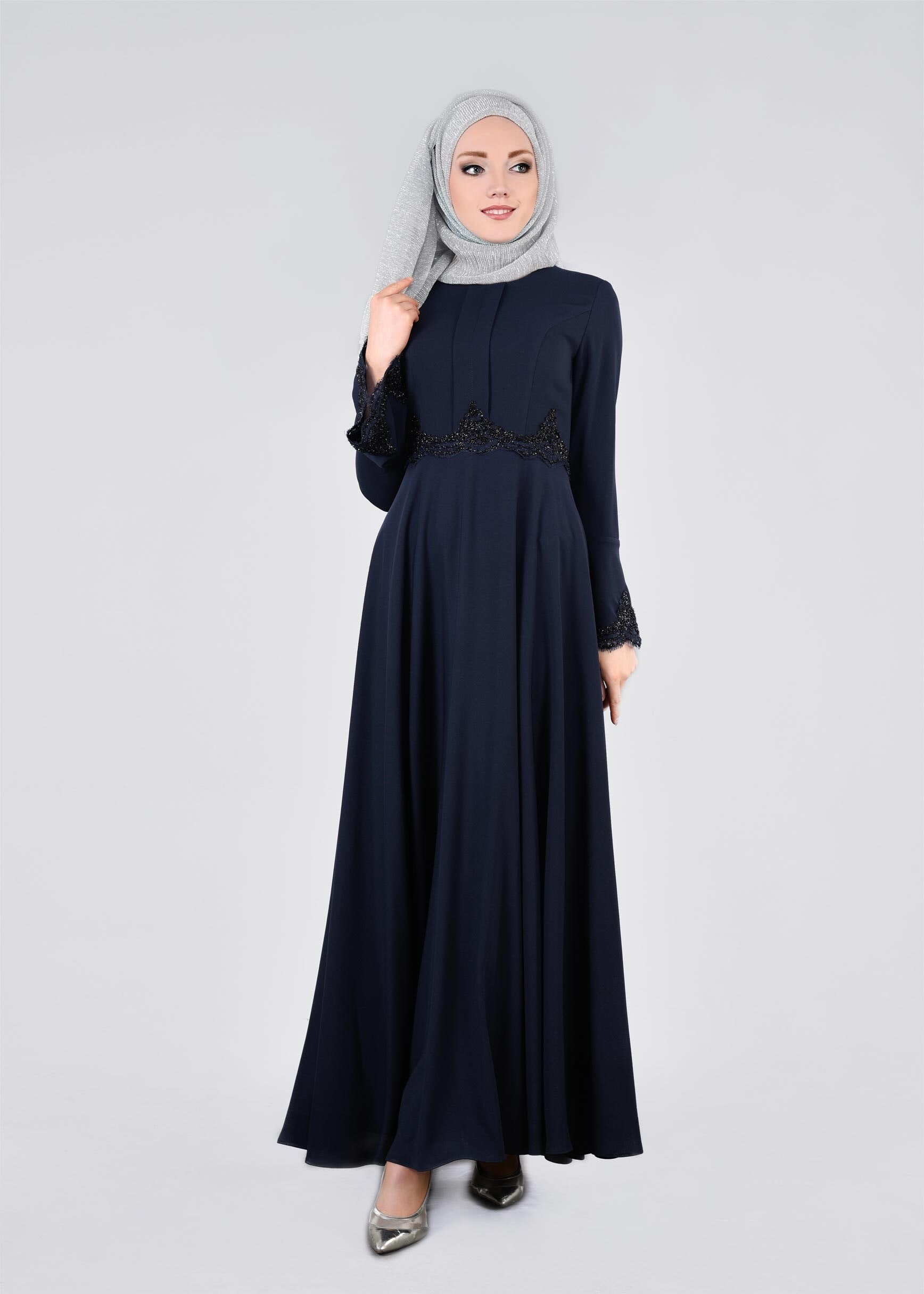 Tesettür giyim LACİVERT İSPANYOL KOL İŞLEMELİ ABİYE ELBİSE 5390