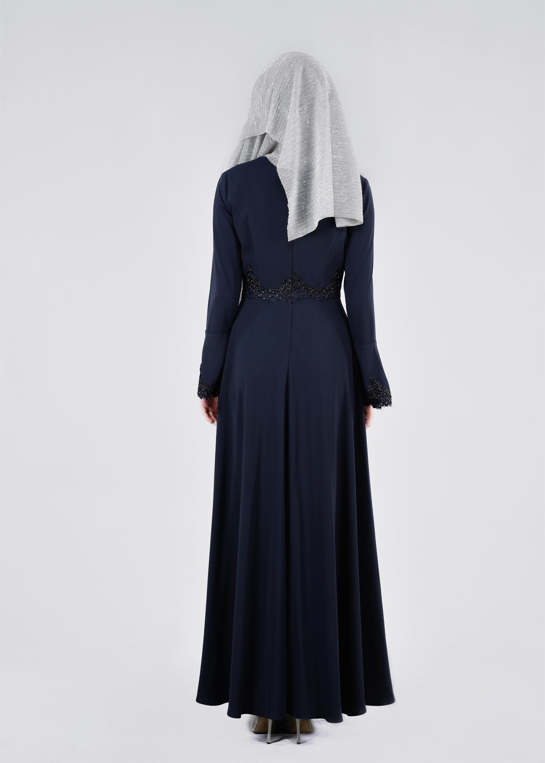 Tesettür giyim LACİVERT İSPANYOL KOL İŞLEMELİ ABİYE ELBİSE 5390