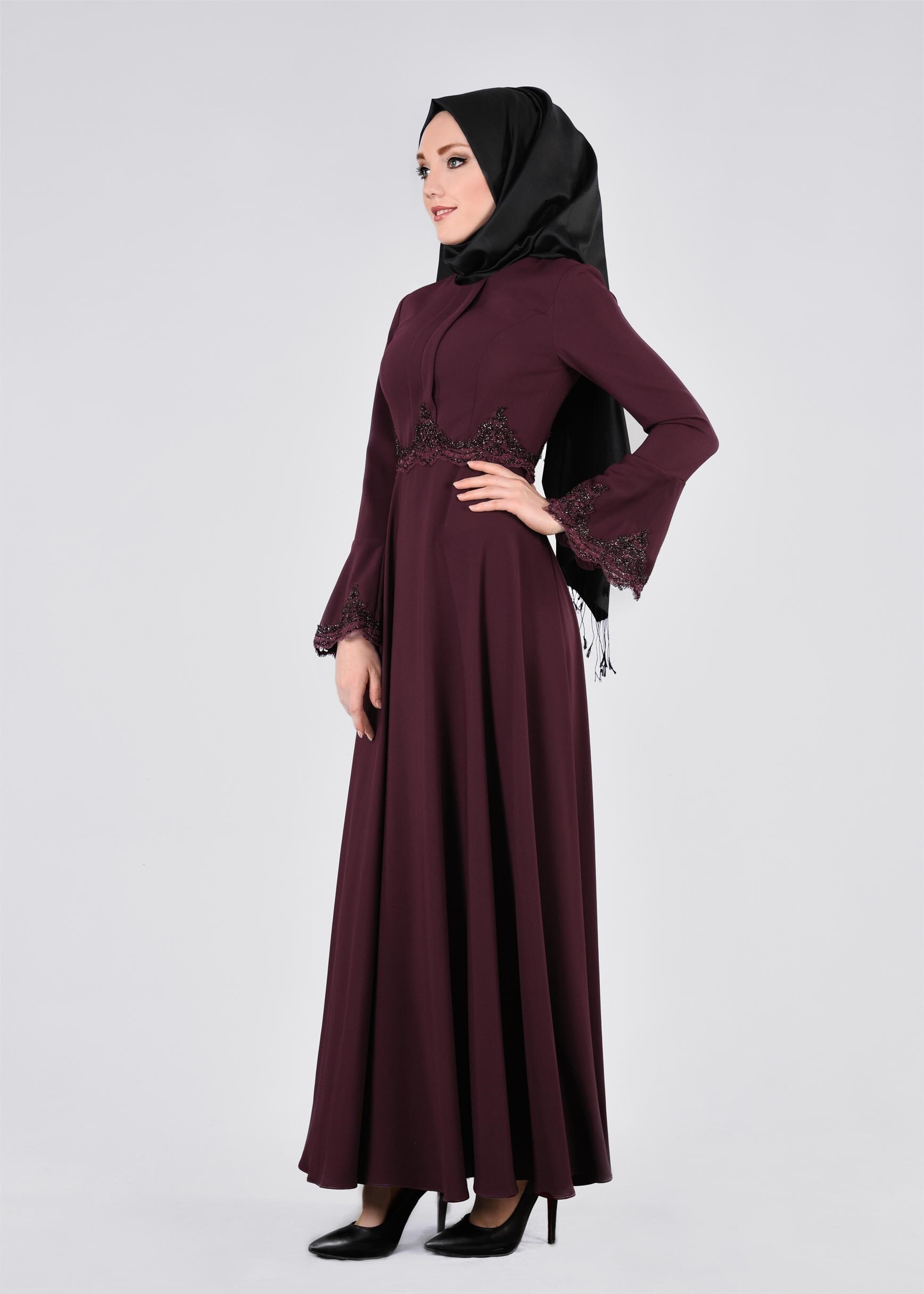 Tesettür giyim MÜRDÜM İSPANYOL KOL İŞLEMELİ ABİYE ELBİSE 5390