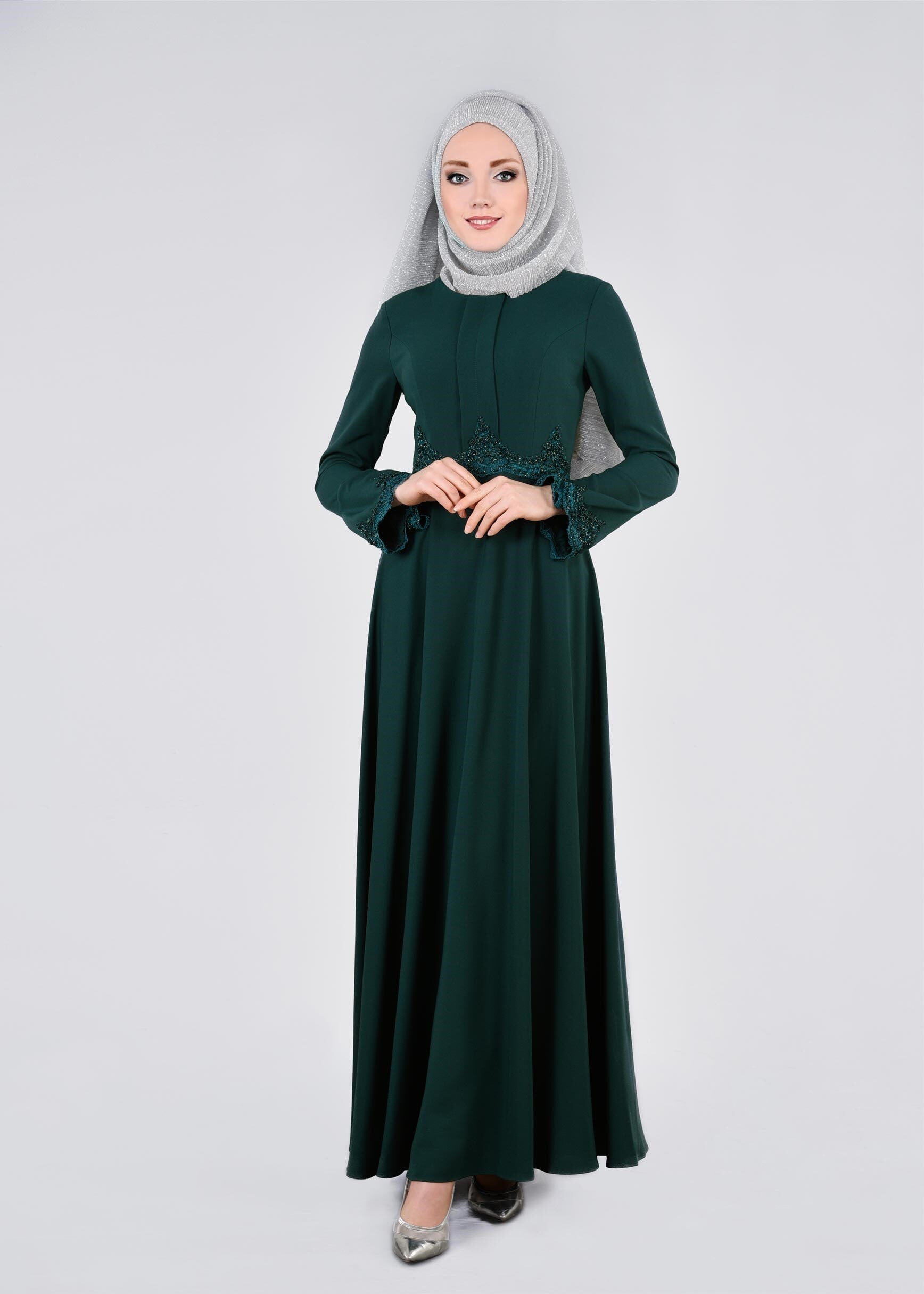 Tesettür giyim YEŞİL İSPANYOL KOL İŞLEMELİ ABİYE ELBİSE 5390