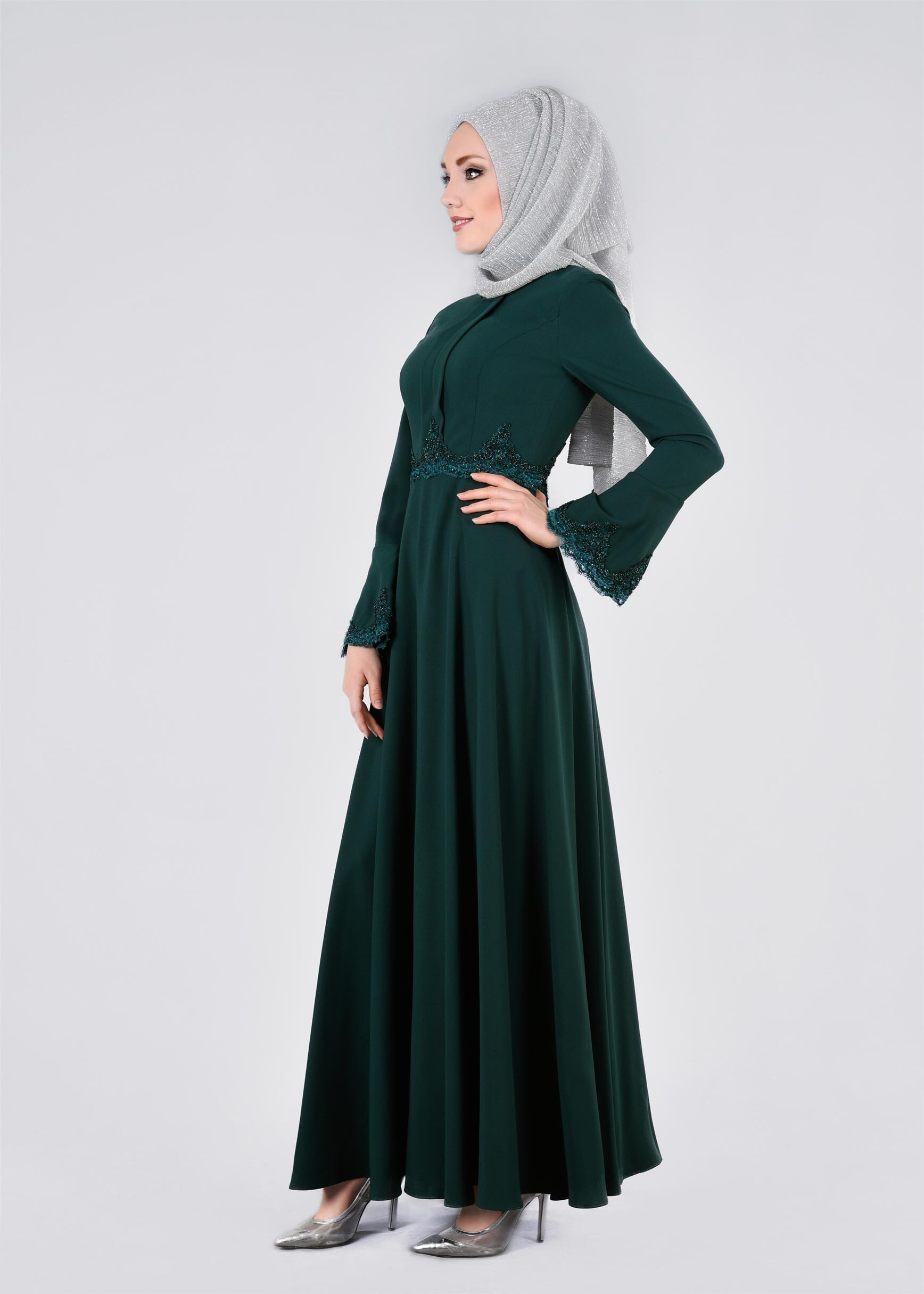 Tesettür giyim YEŞİL İSPANYOL KOL İŞLEMELİ ABİYE ELBİSE 5390