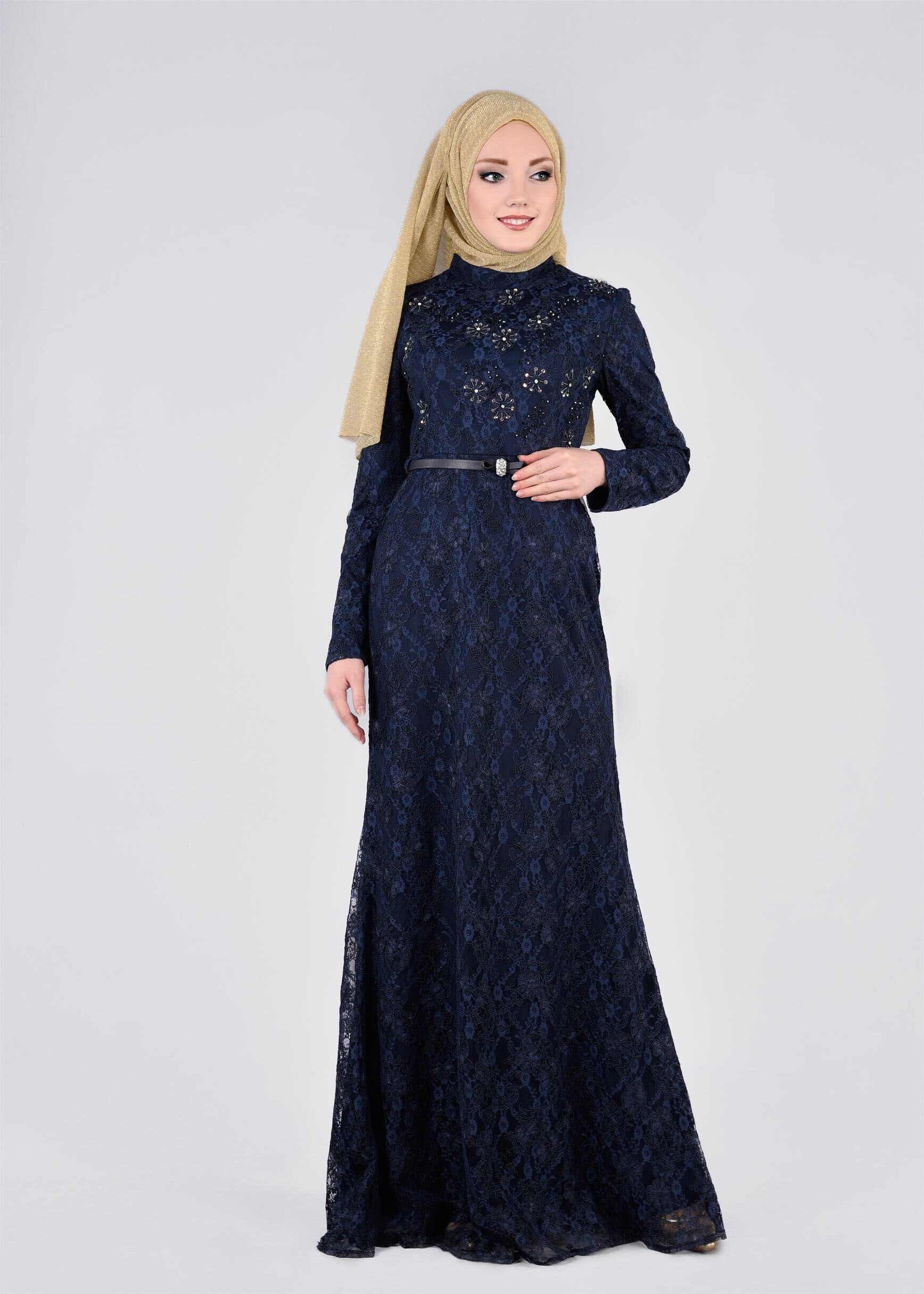 Tesettür giyim LACİVERT TAŞ DETAYLI İŞLEMELİ ABİYE ELBİSE 5391