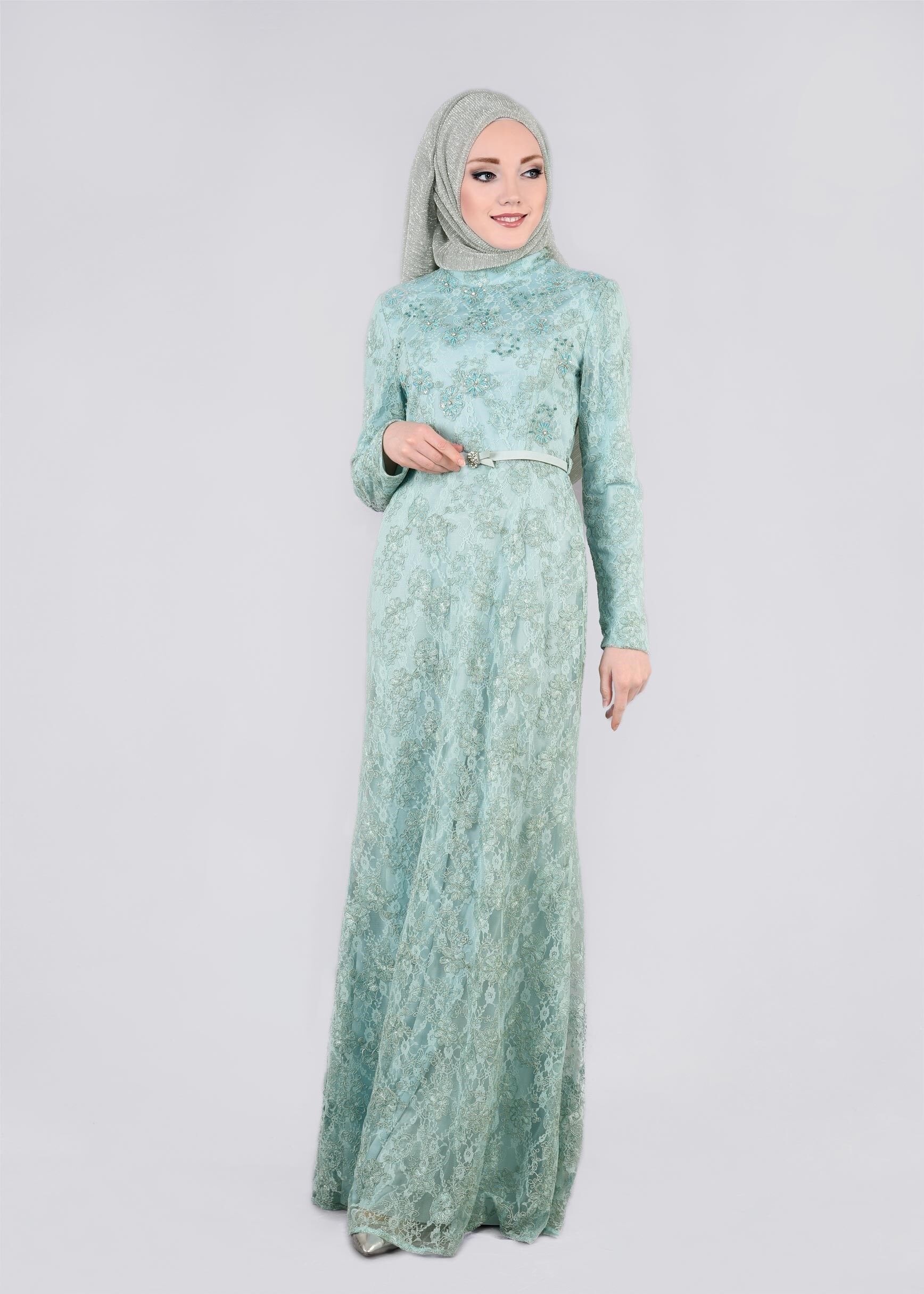 Tesettür giyim YEŞİL TAŞ DETAYLI İŞLEMELİ ABİYE ELBİSE 5391