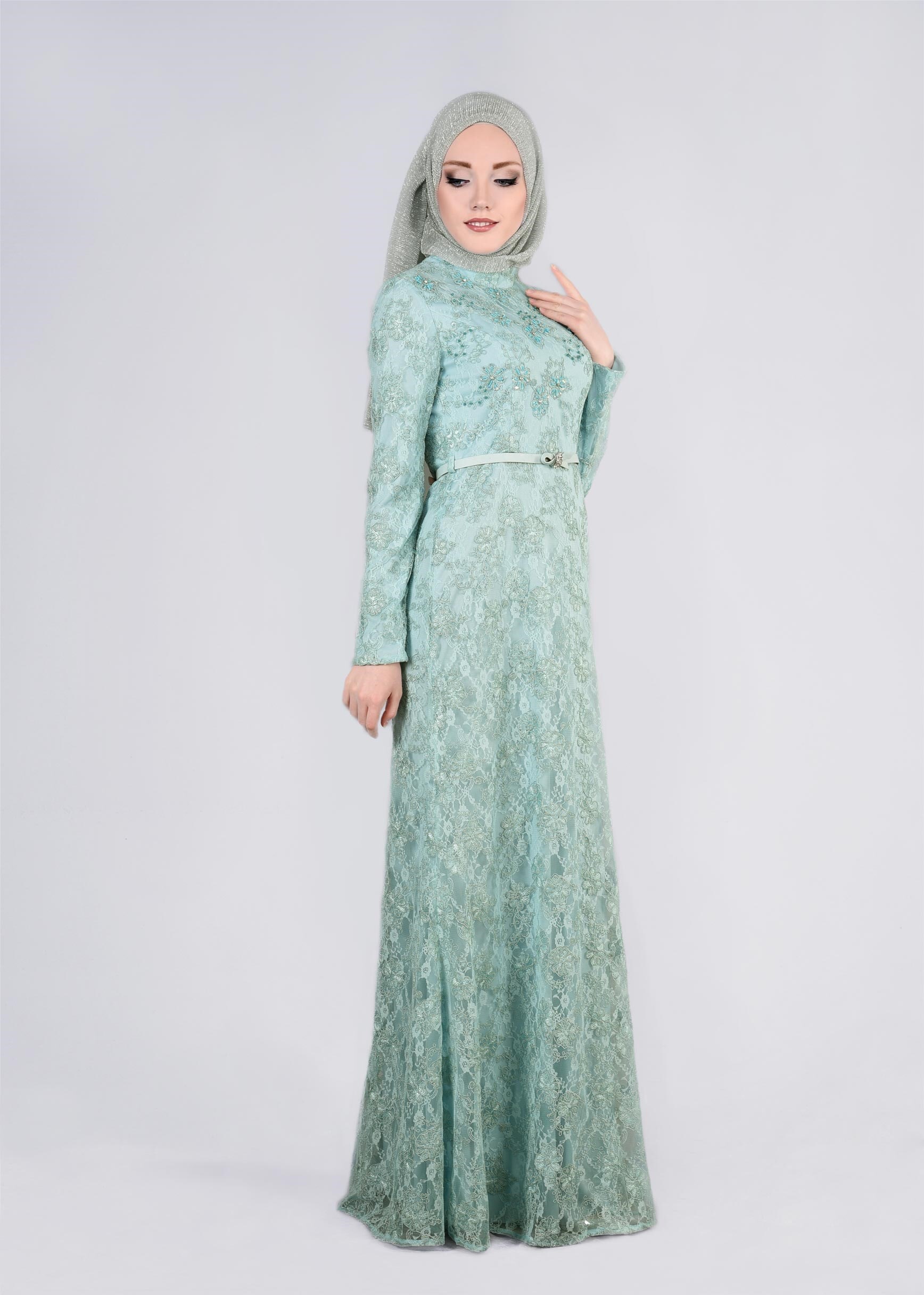 Tesettür giyim YEŞİL TAŞ DETAYLI İŞLEMELİ ABİYE ELBİSE 5391