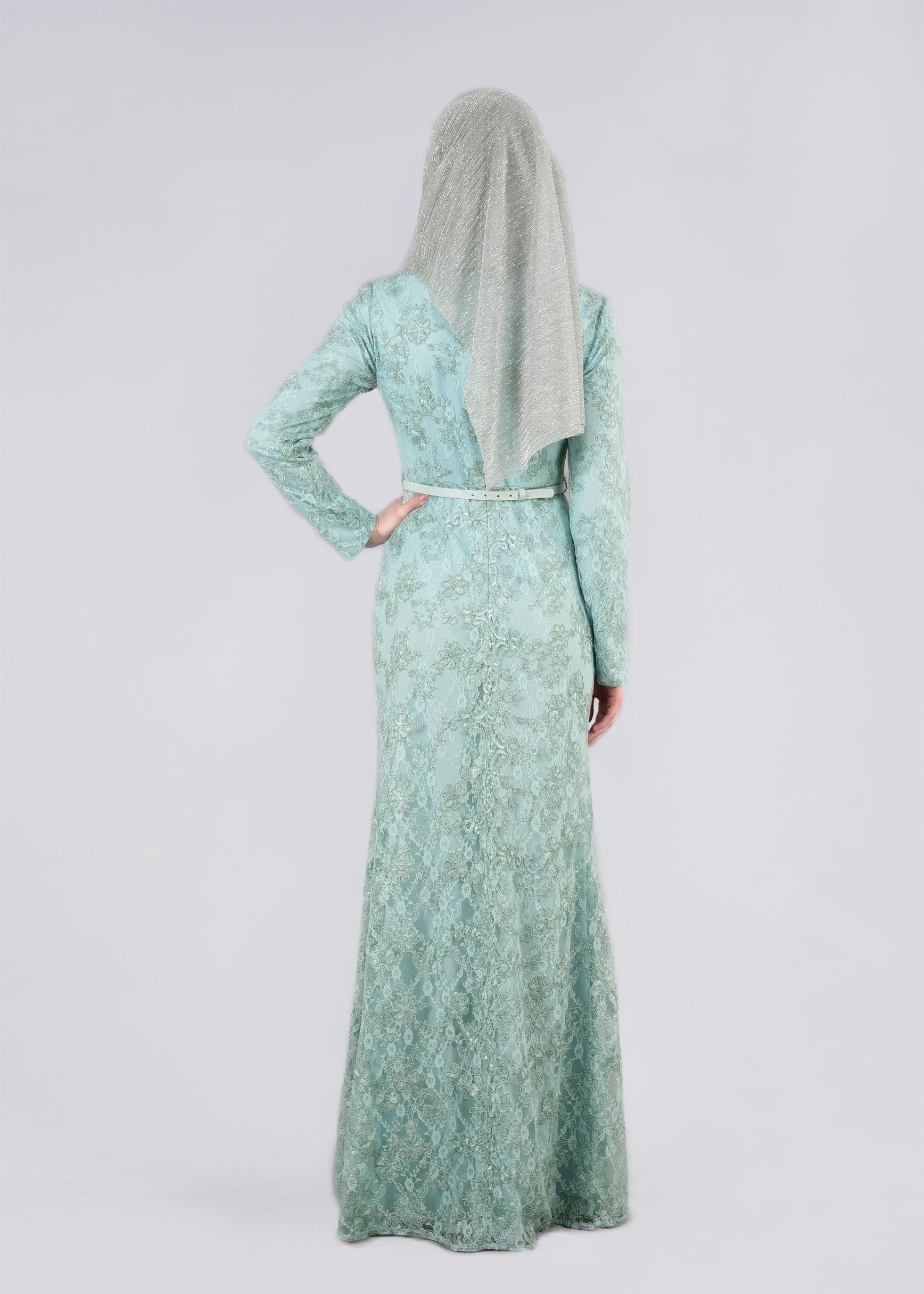Tesettür giyim YEŞİL TAŞ DETAYLI İŞLEMELİ ABİYE ELBİSE 5391