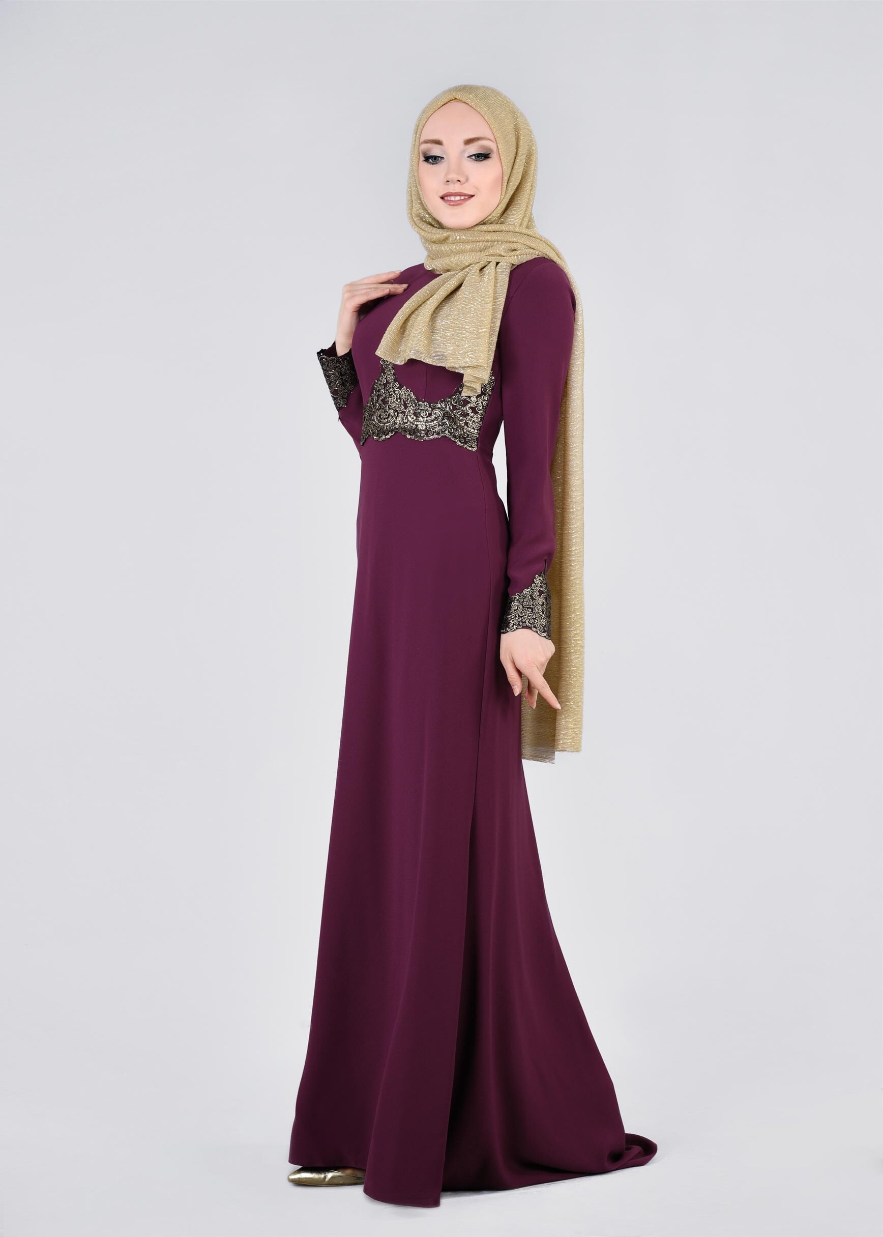 Tesettür giyim MÜRDÜM İŞLEME DETAYLI ABİYE ELBİSE 5393
