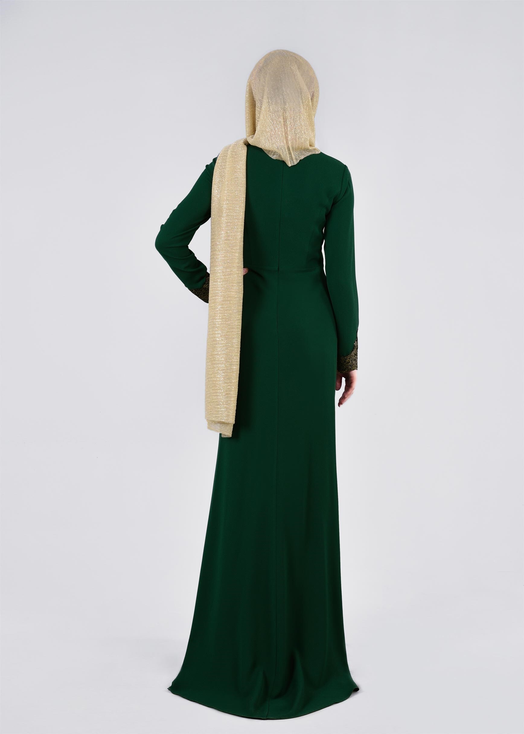 Tesettür giyim YEŞİL İŞLEME DETAYLI ABİYE ELBİSE 5393