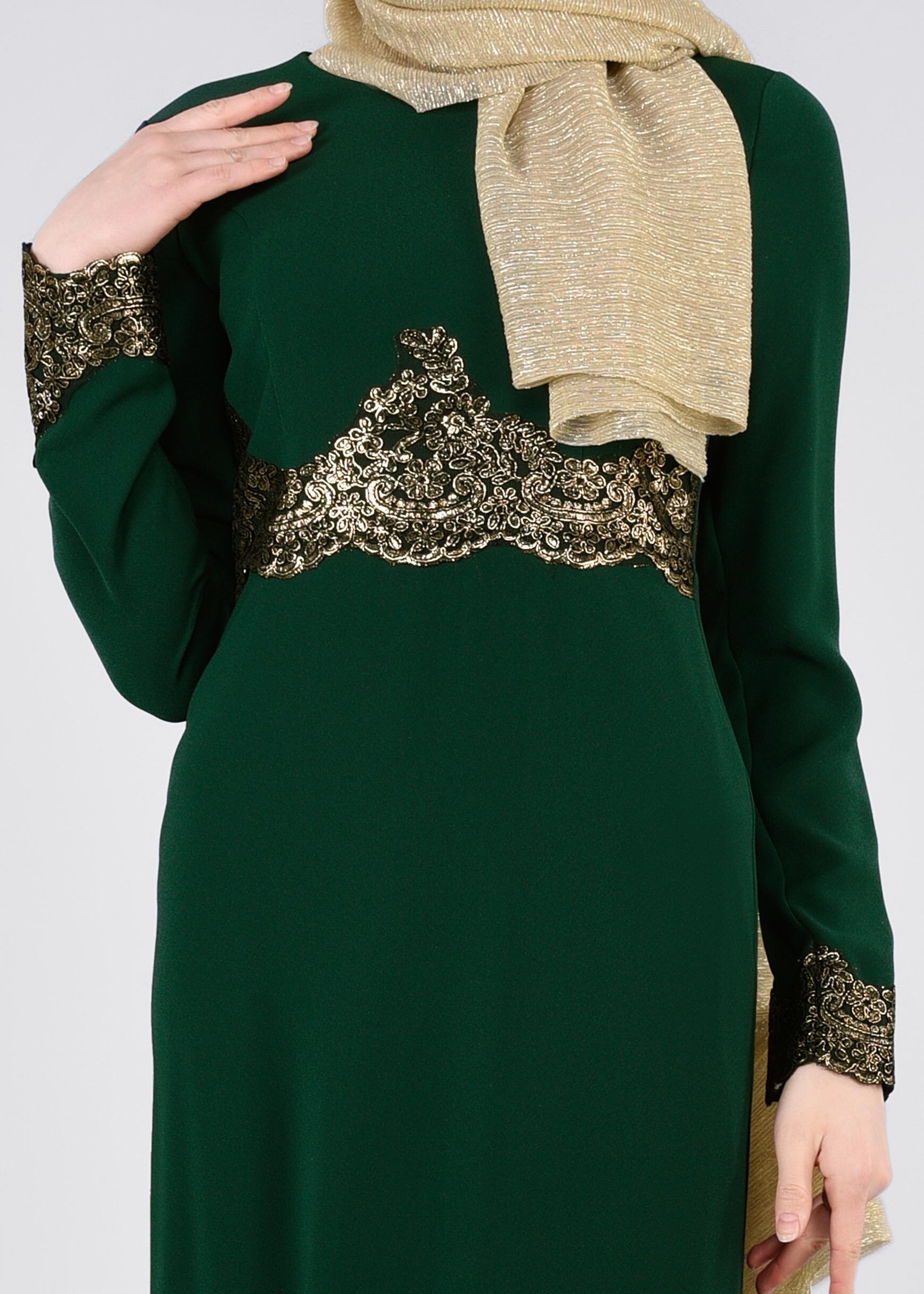 Tesettür giyim YEŞİL İŞLEME DETAYLI ABİYE ELBİSE 5393