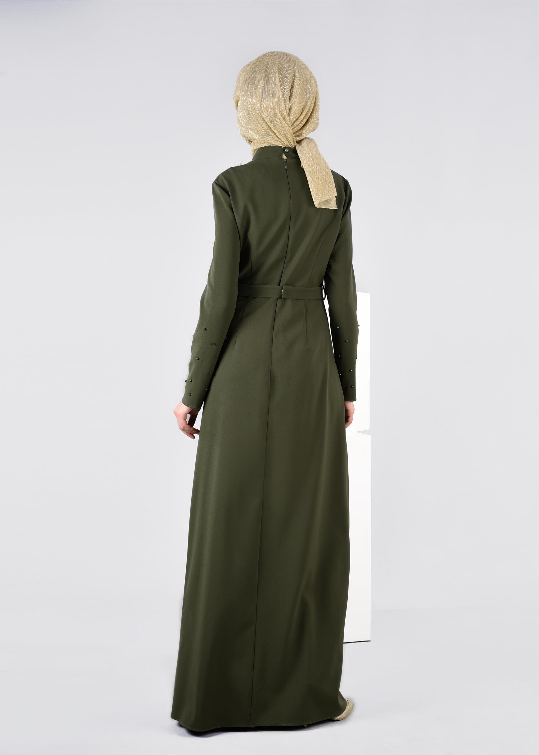 Tesettür giyim HAKİ BONCUK DETAYLI ÇİÇEKLİ ABİYE ELBİSE 5396