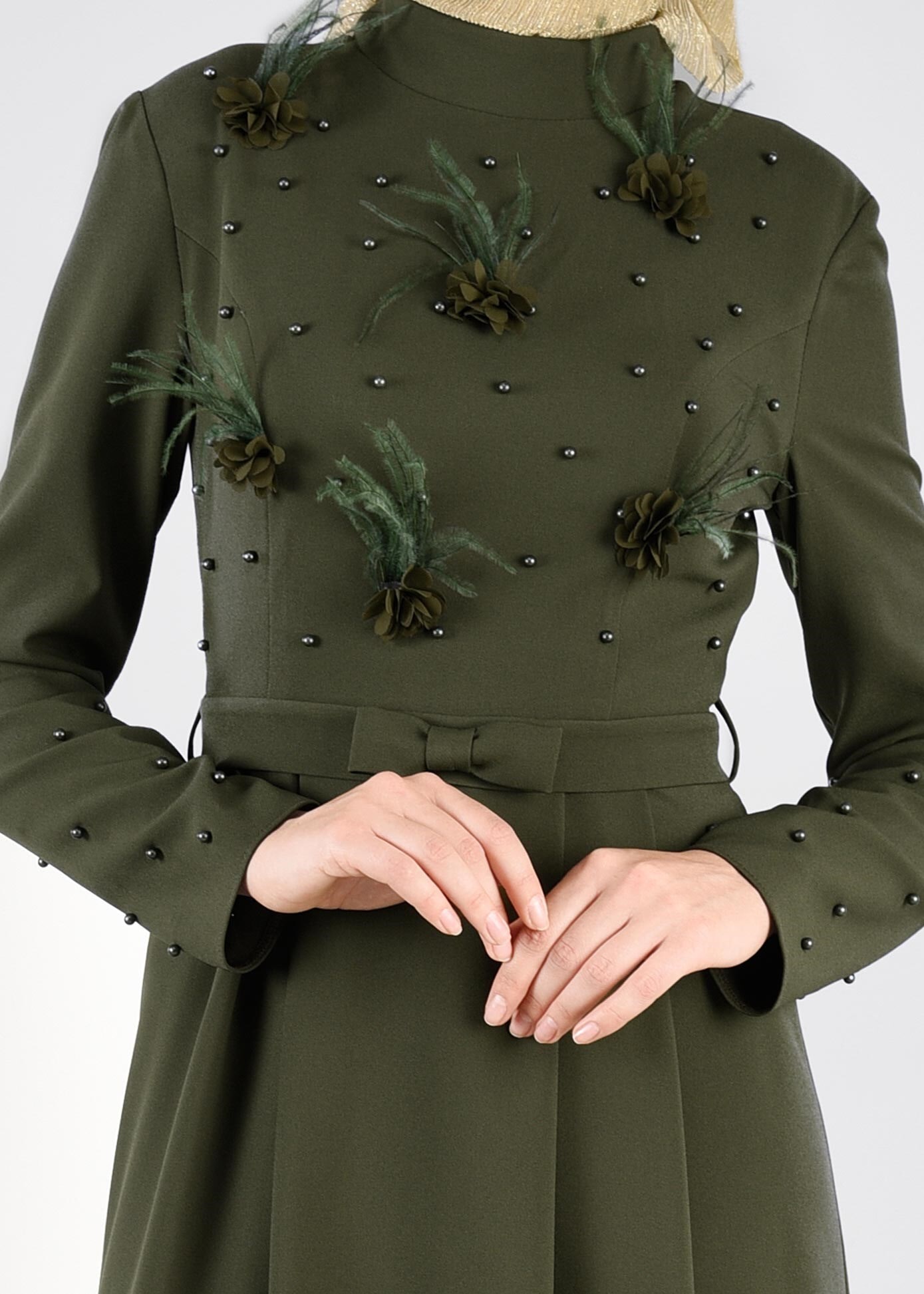 Tesettür giyim HAKİ BONCUK DETAYLI ÇİÇEKLİ ABİYE ELBİSE 5396