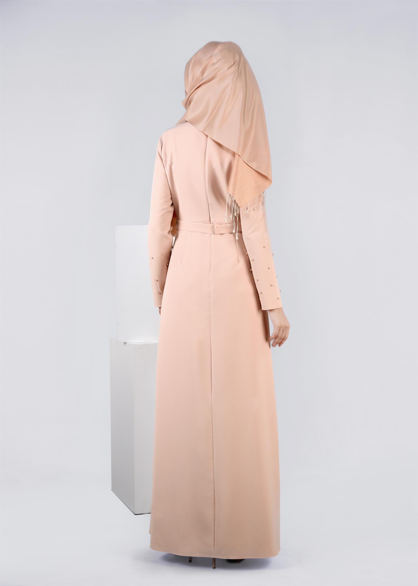 Tesettür giyim PUDRA BONCUK DETAYLI ÇİÇEKLİ ABİYE ELBİSE 5396