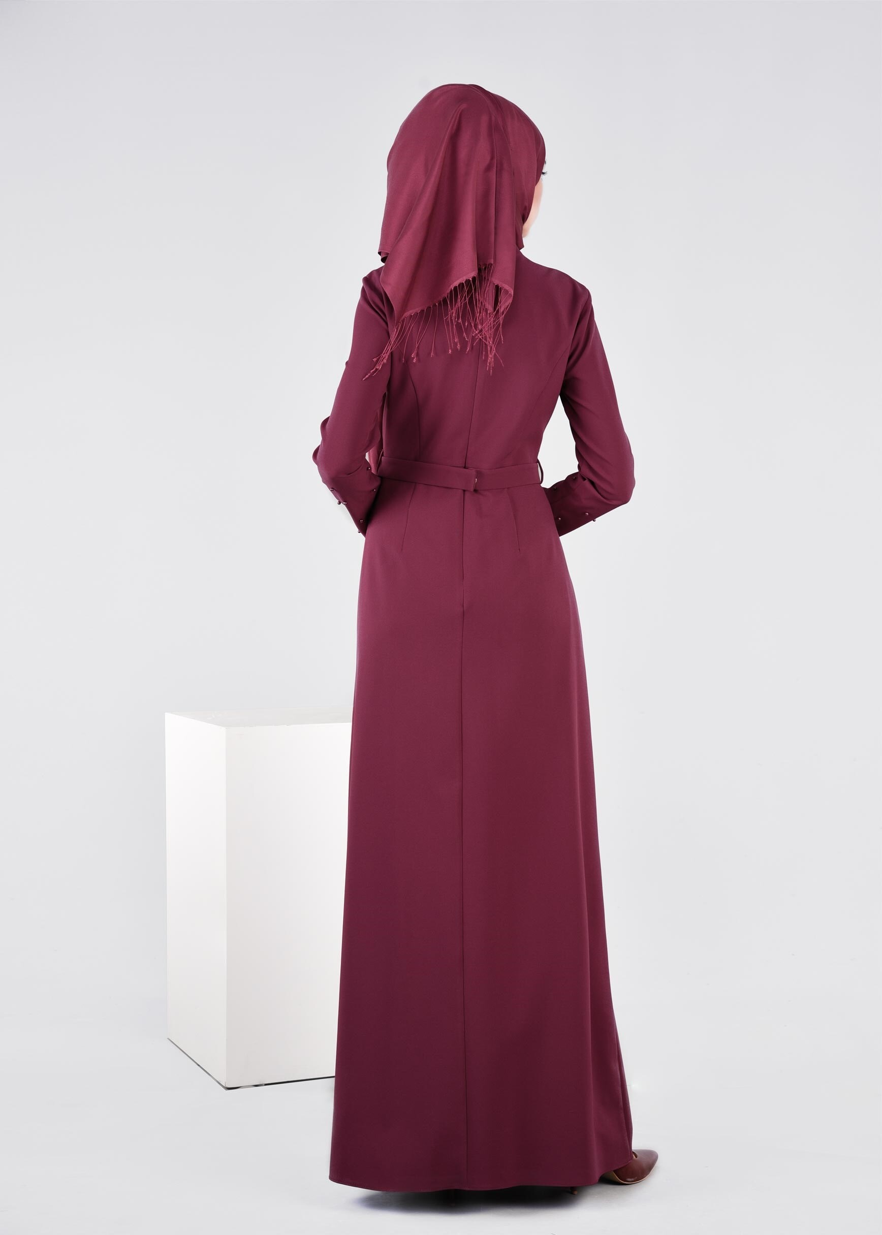 Tesettür giyim MOR BONCUK DETAYLI ÇİÇEKLİ ABİYE ELBİSE 5396