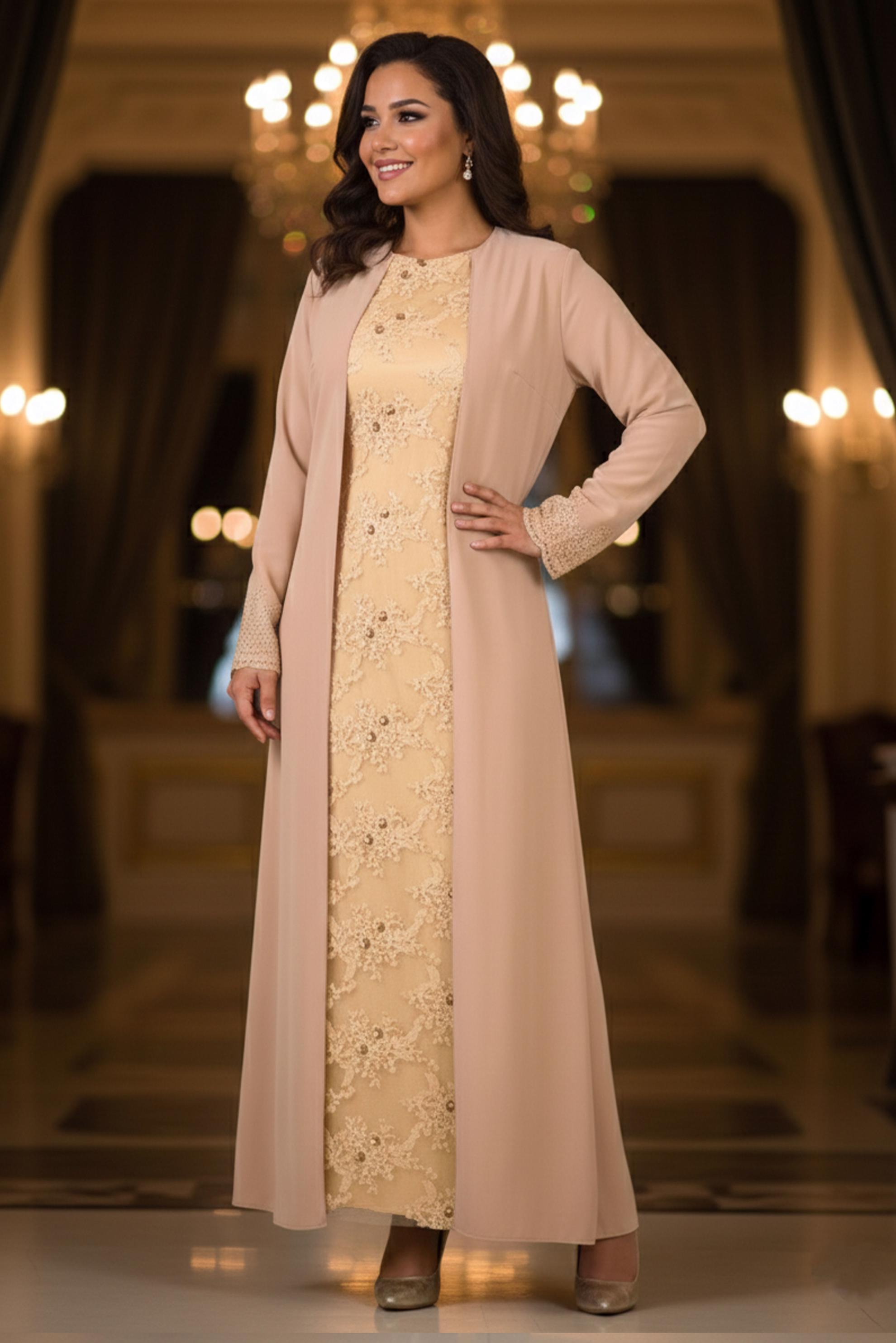 Tesettür giyim BEJ ŞİFON ABİYE ELBİSE 5398