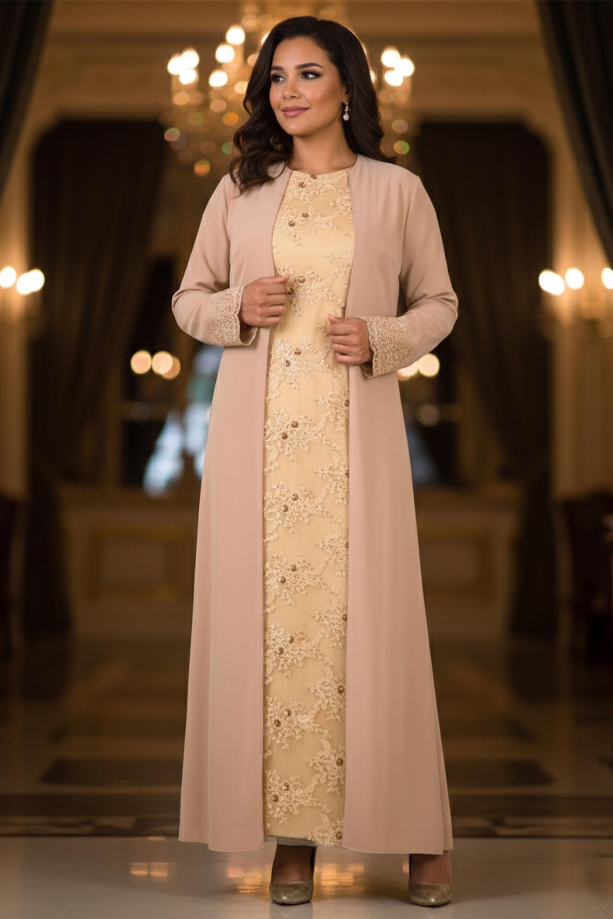 Tesettür giyim BEJ ŞİFON ABİYE ELBİSE 5398