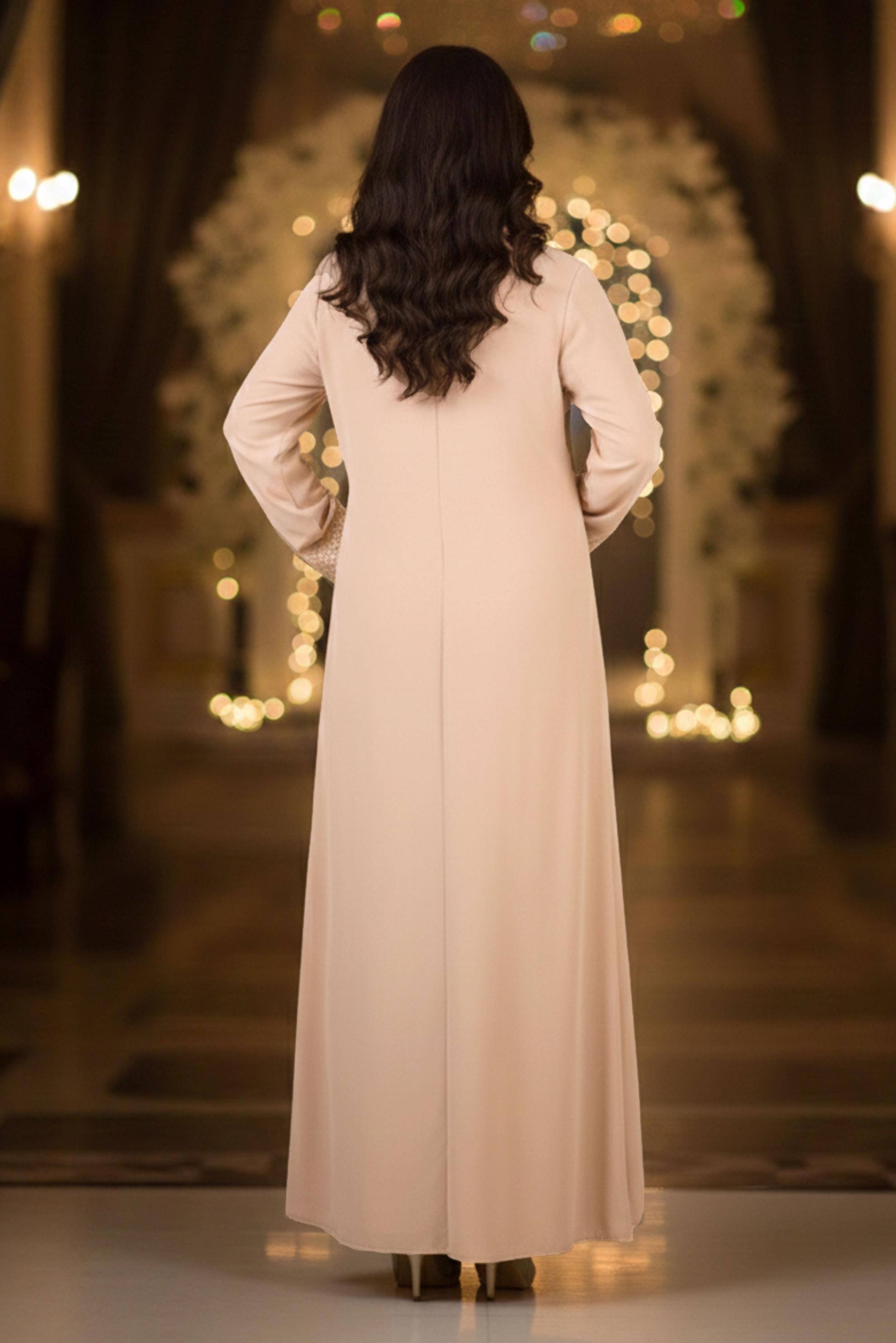 Tesettür giyim BEJ ŞİFON ABİYE ELBİSE 5398