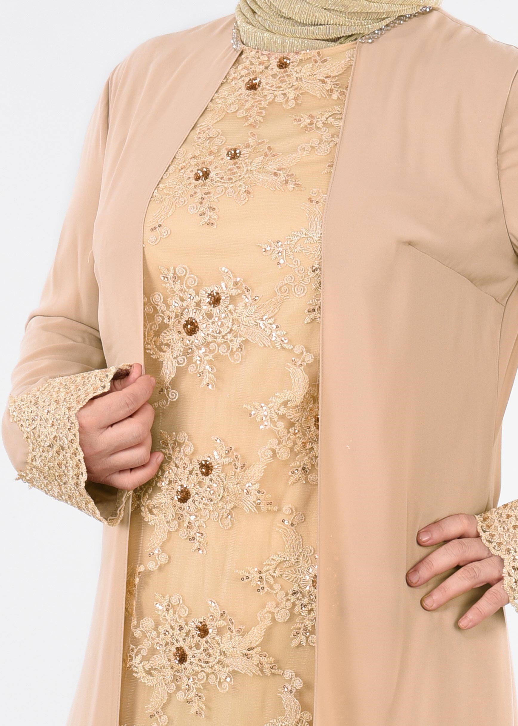 Tesettür giyim BEJ ŞİFON ABİYE ELBİSE 5398