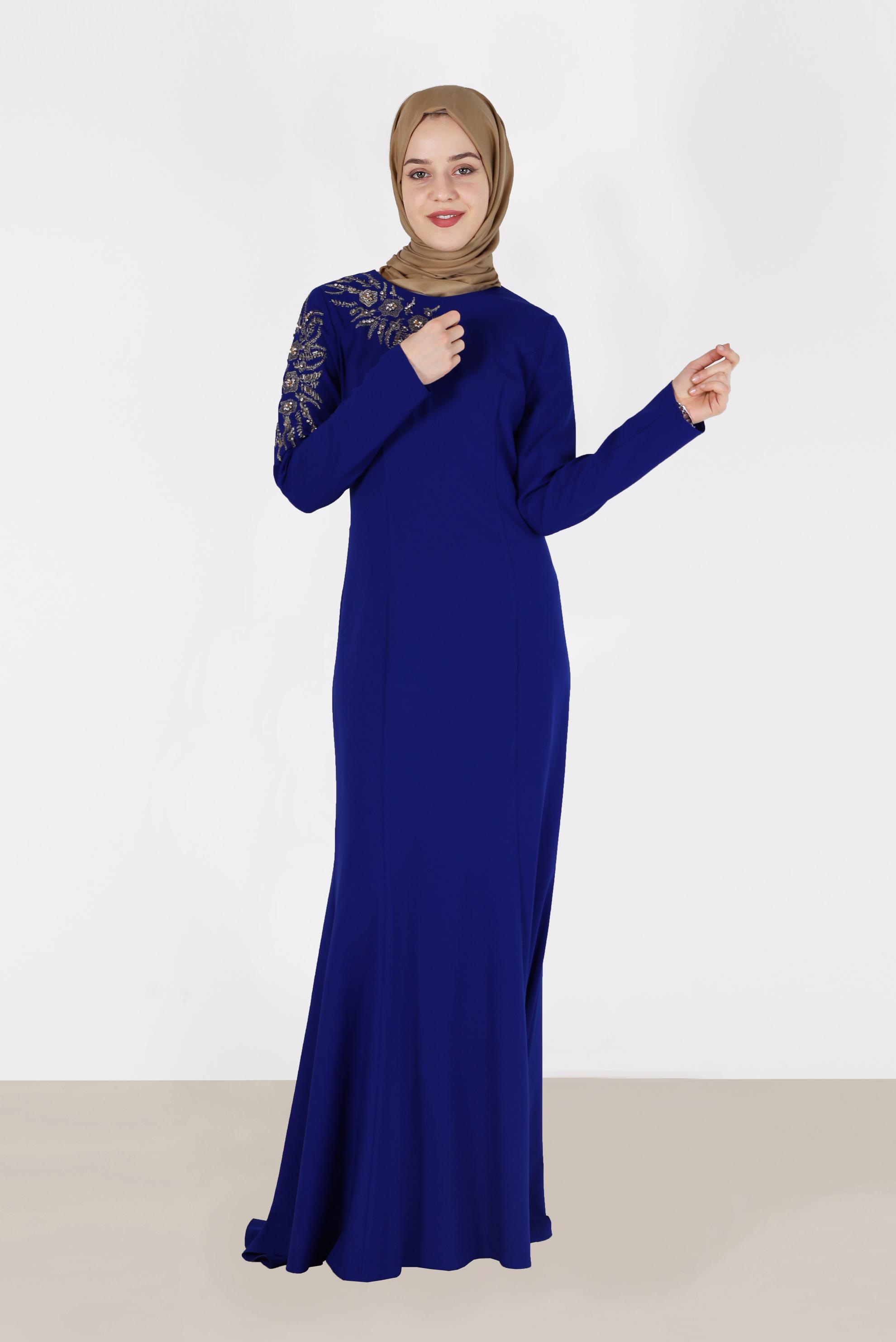 Tesettür giyim LACİVERT İŞLEME DETAYLI BALIK ABİYE 5399 