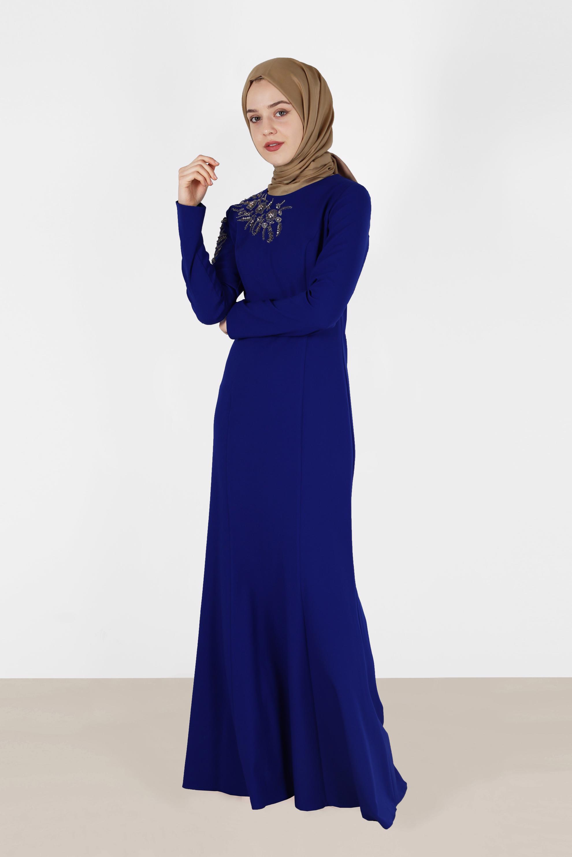 Tesettür giyim LACİVERT İŞLEME DETAYLI BALIK ABİYE 5399 