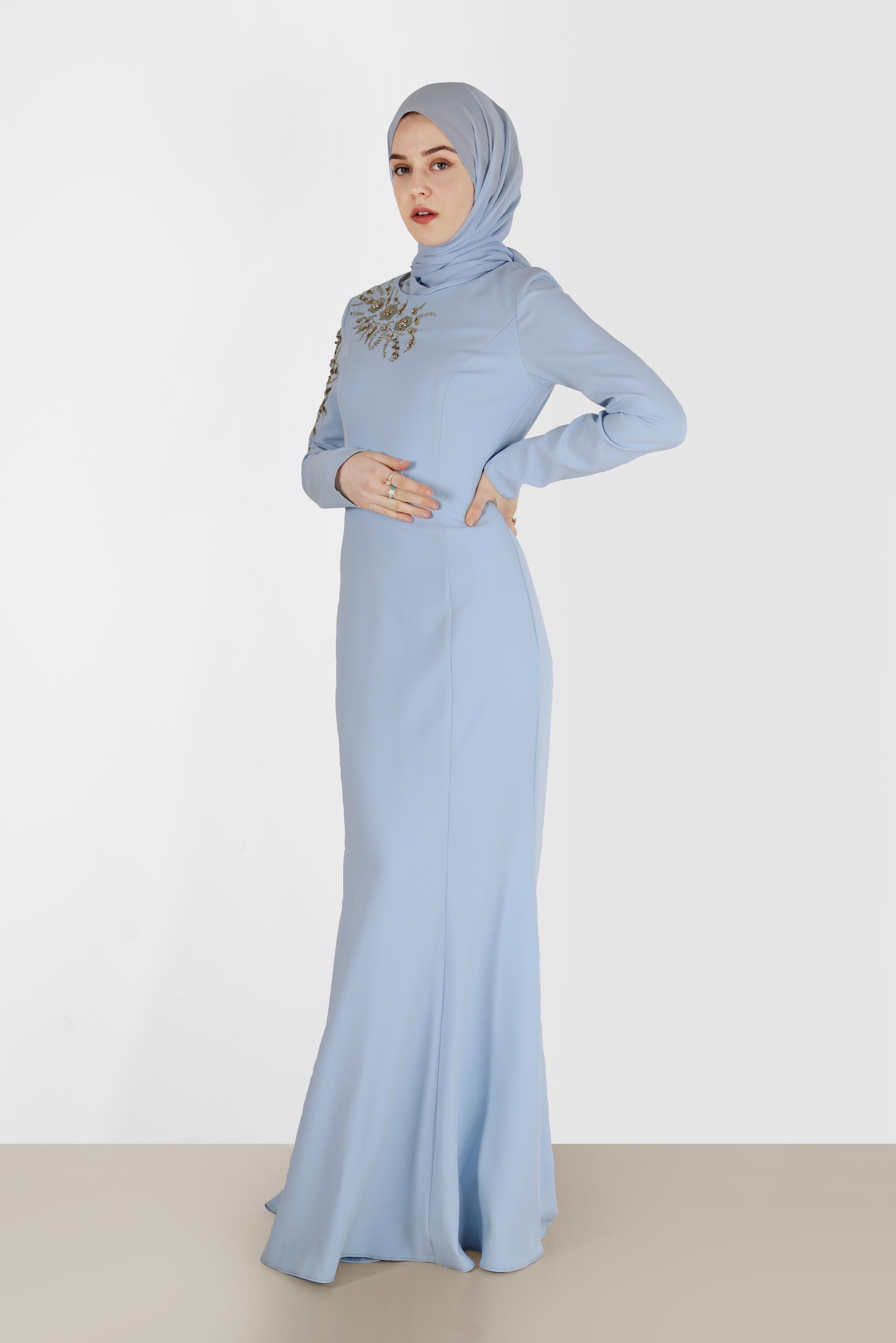 Tesettür giyim MAVİ İŞLEME DETAYLI BALIK ABİYE 5399 