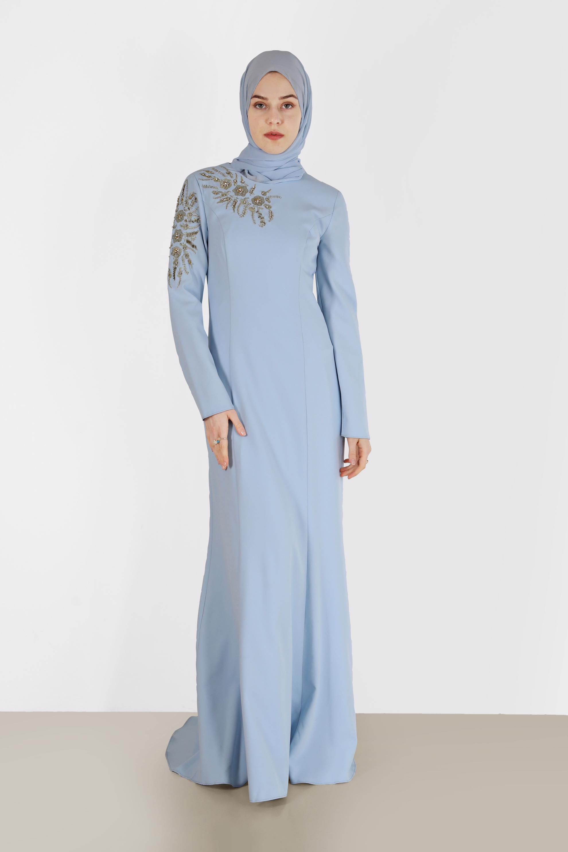 Tesettür giyim MAVİ İŞLEME DETAYLI BALIK ABİYE 5399 