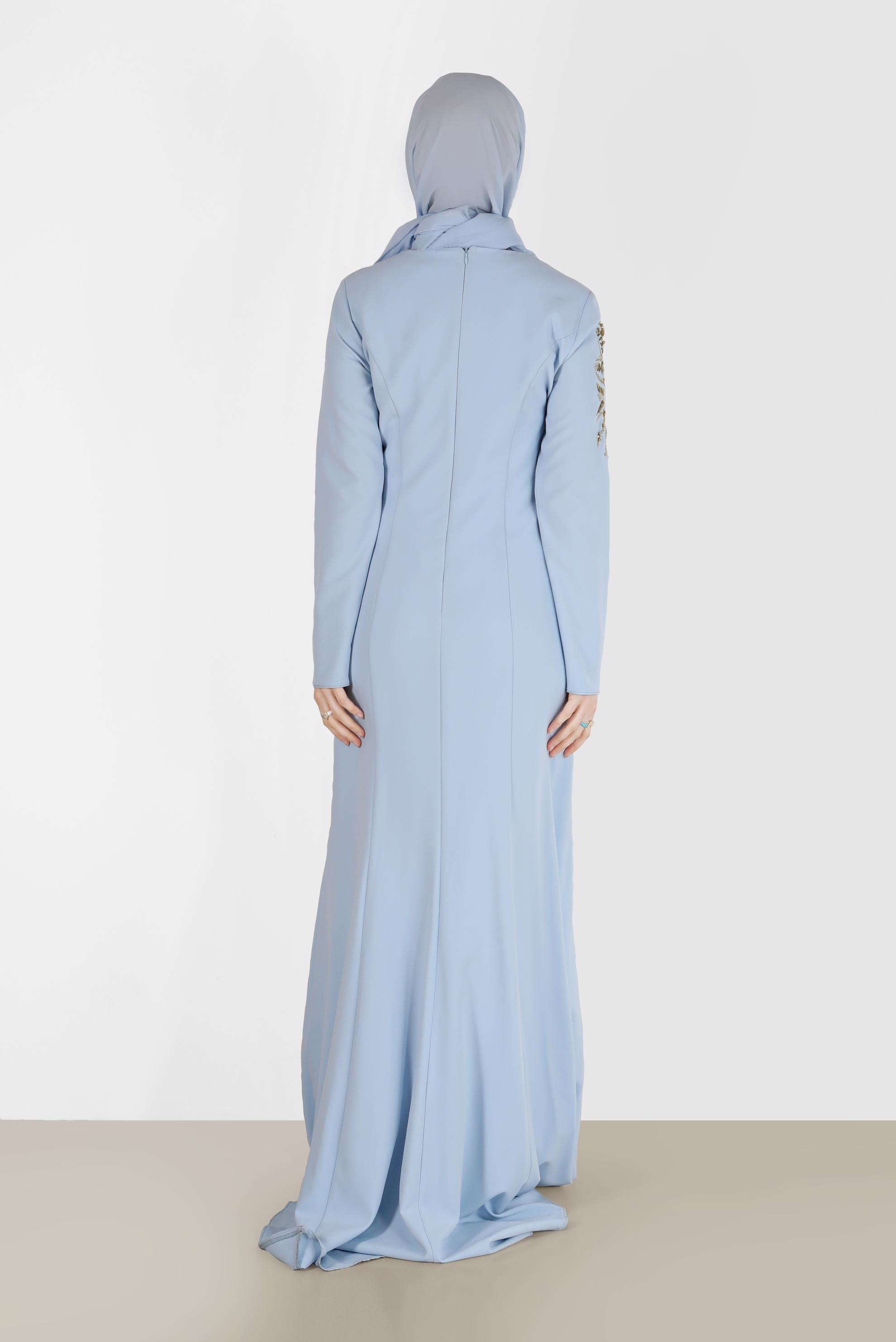 Tesettür giyim MAVİ İŞLEME DETAYLI BALIK ABİYE 5399 