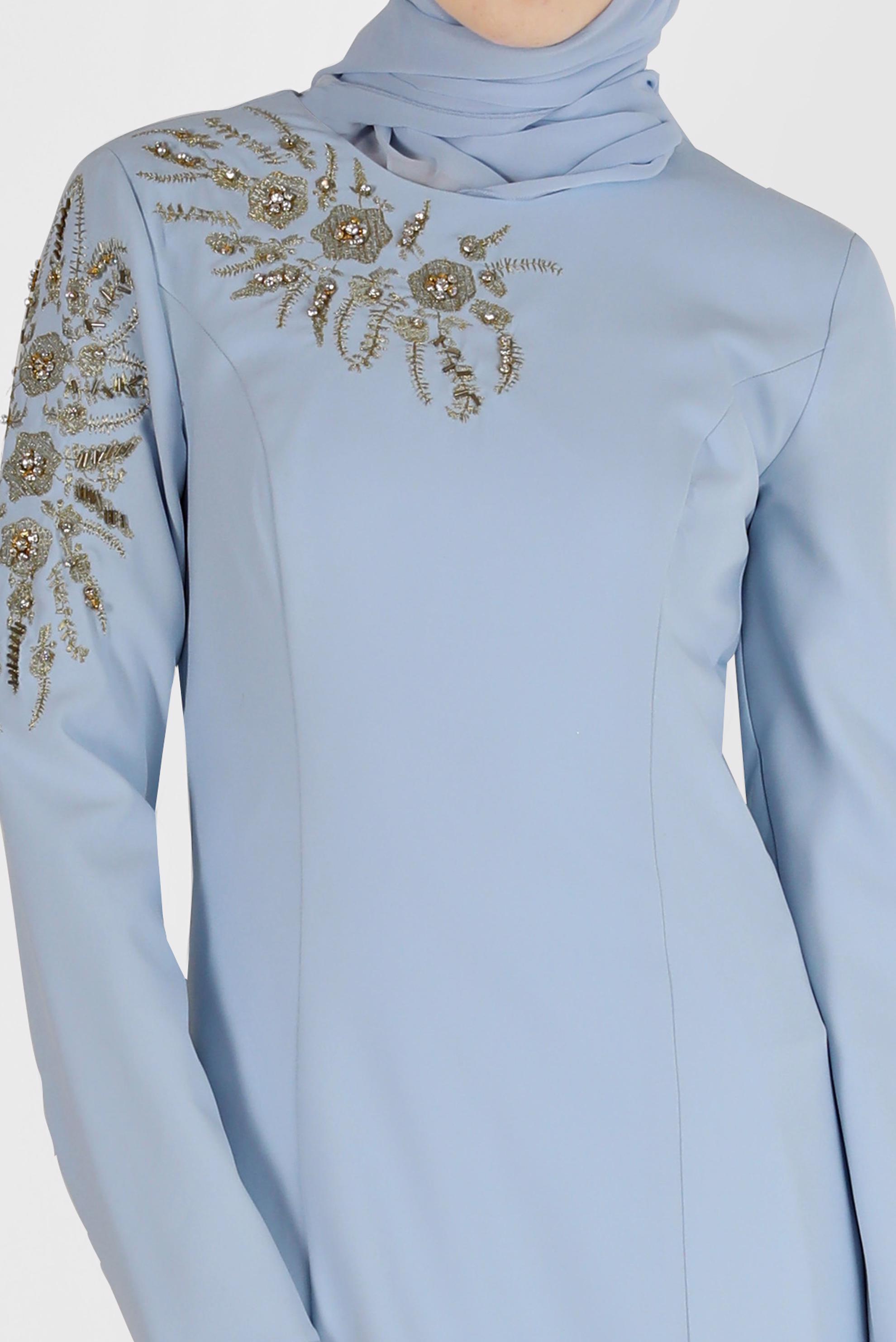 Tesettür giyim MAVİ İŞLEME DETAYLI BALIK ABİYE 5399 