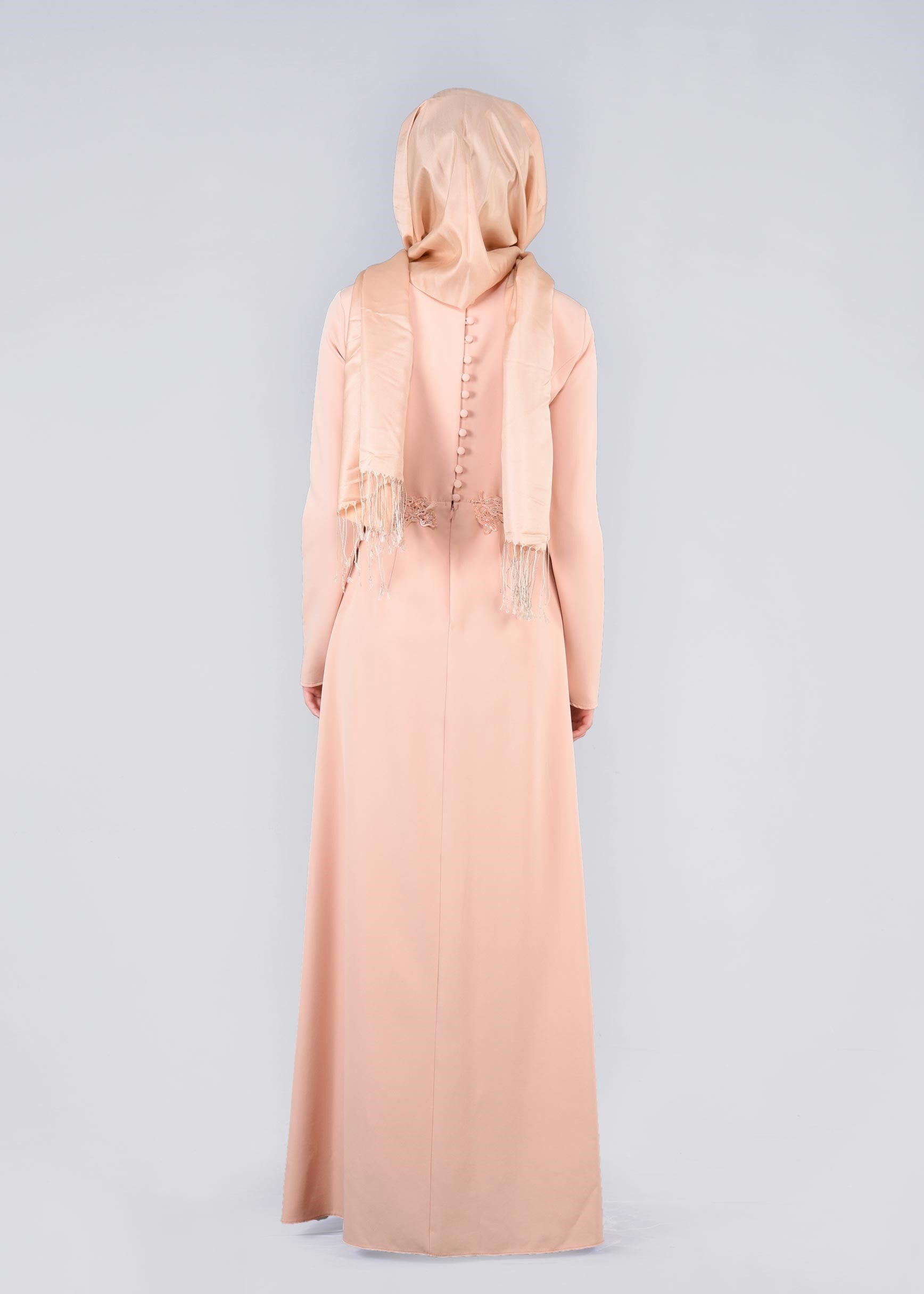 Tesettür giyim PUDRA BONCUK DETAYLI İŞLEMELİ ABİYE ELBİSE 5400