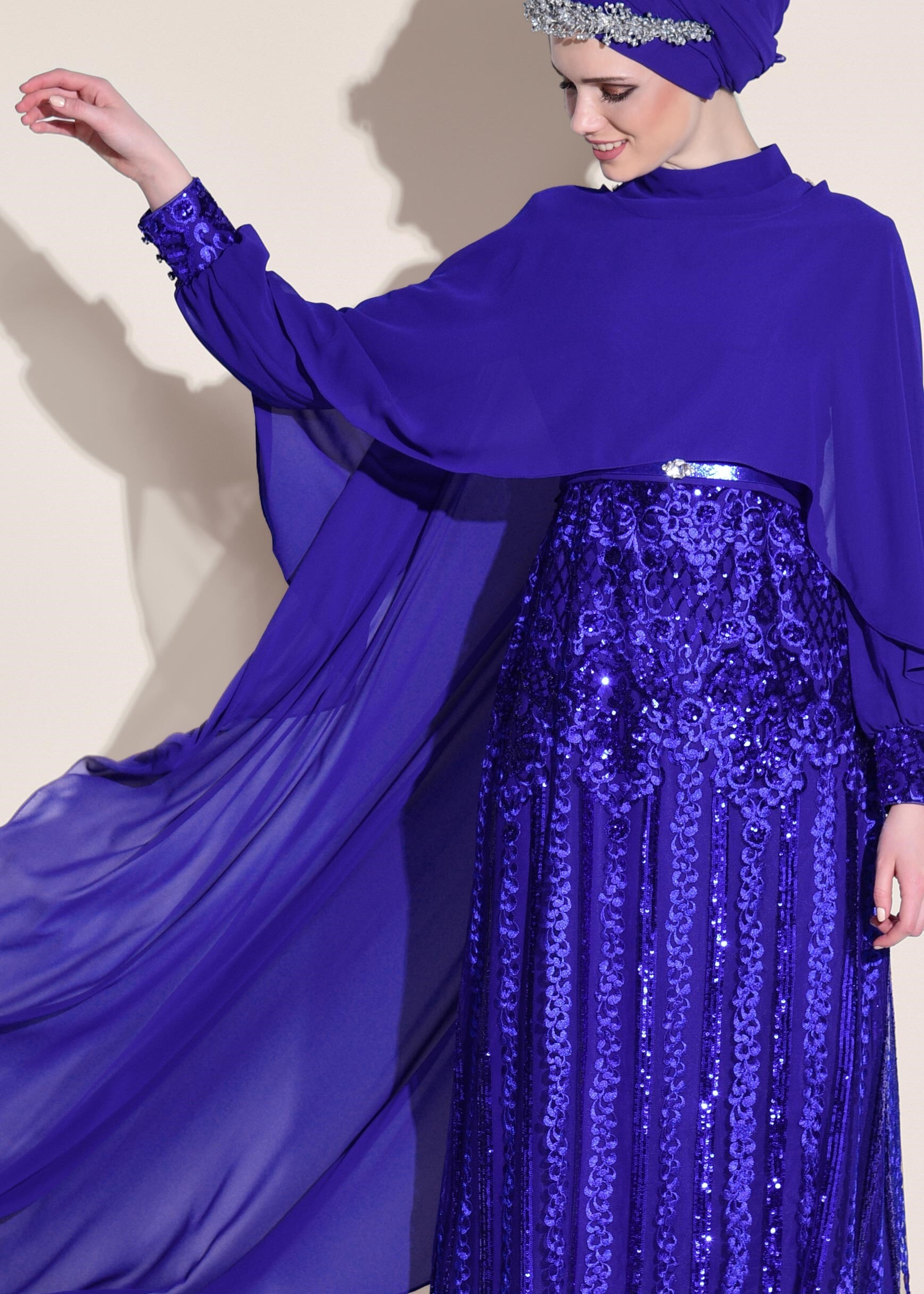 Tesettür giyim LACİVERT PULLU PAYETLİ TÜL DETAYLI İKİLİ ELBİSELİ ABİYE 5402