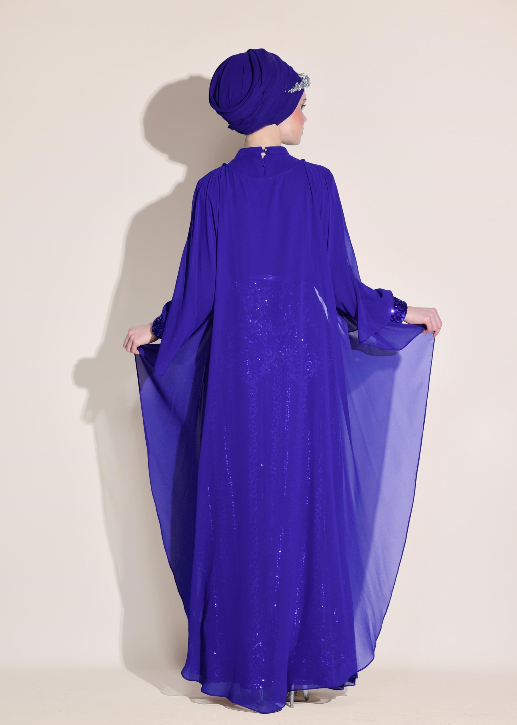 Tesettür giyim LACİVERT PULLU PAYETLİ TÜL DETAYLI İKİLİ ELBİSELİ ABİYE 5402