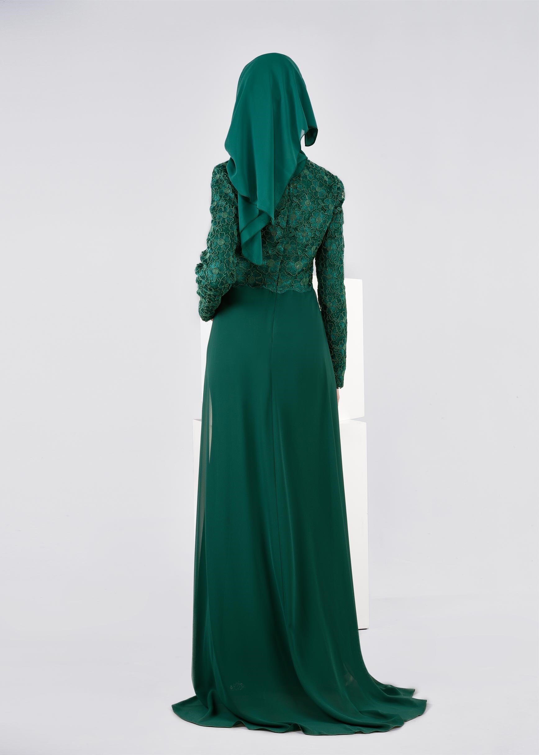 Hijab clothing GREEN EMBROIDERED EVENING DRESS WITH GEM DETAIL 5405