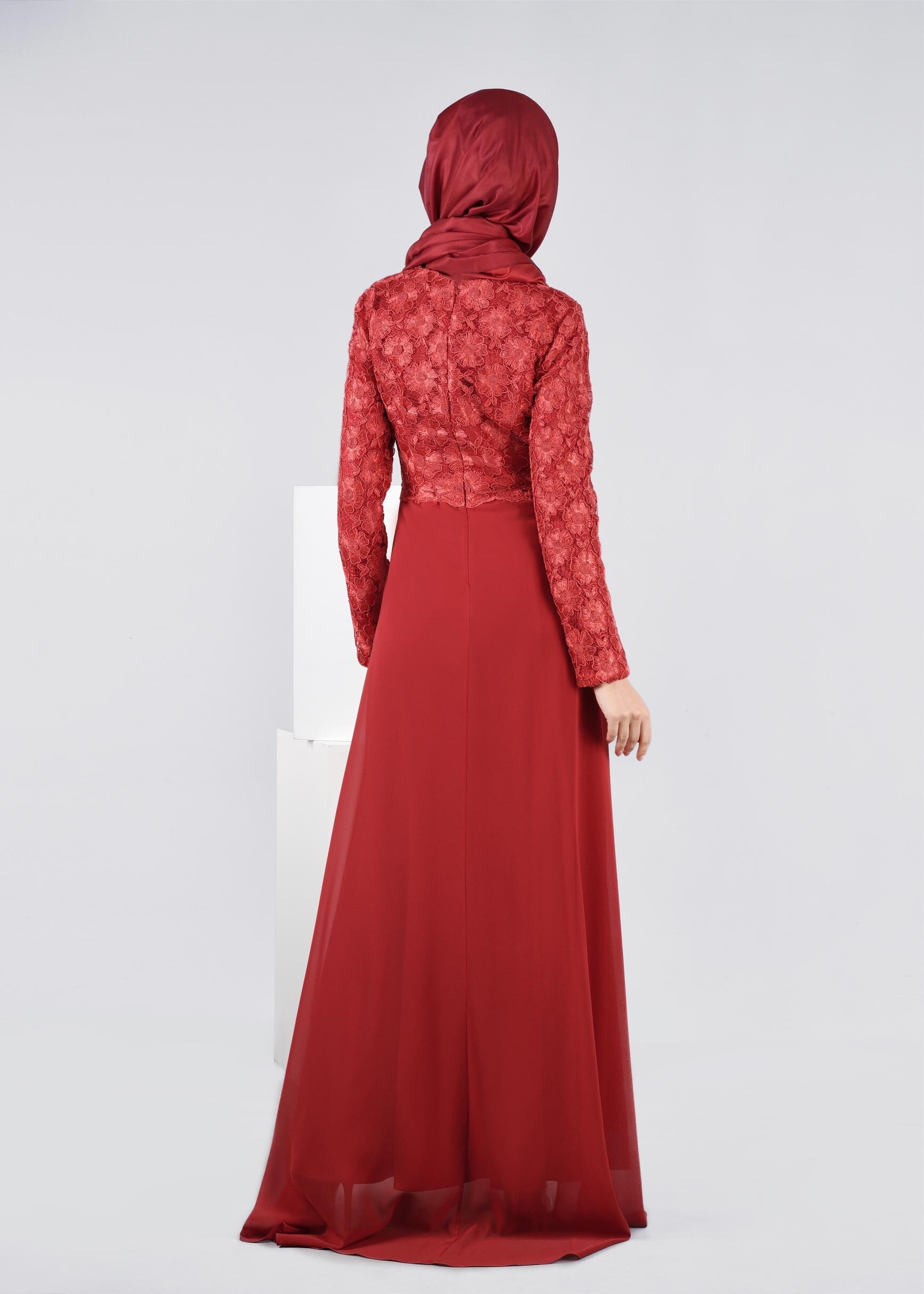 Hijab clothing RED EMBROIDERED EVENING DRESS WITH GEM DETAIL 5405
