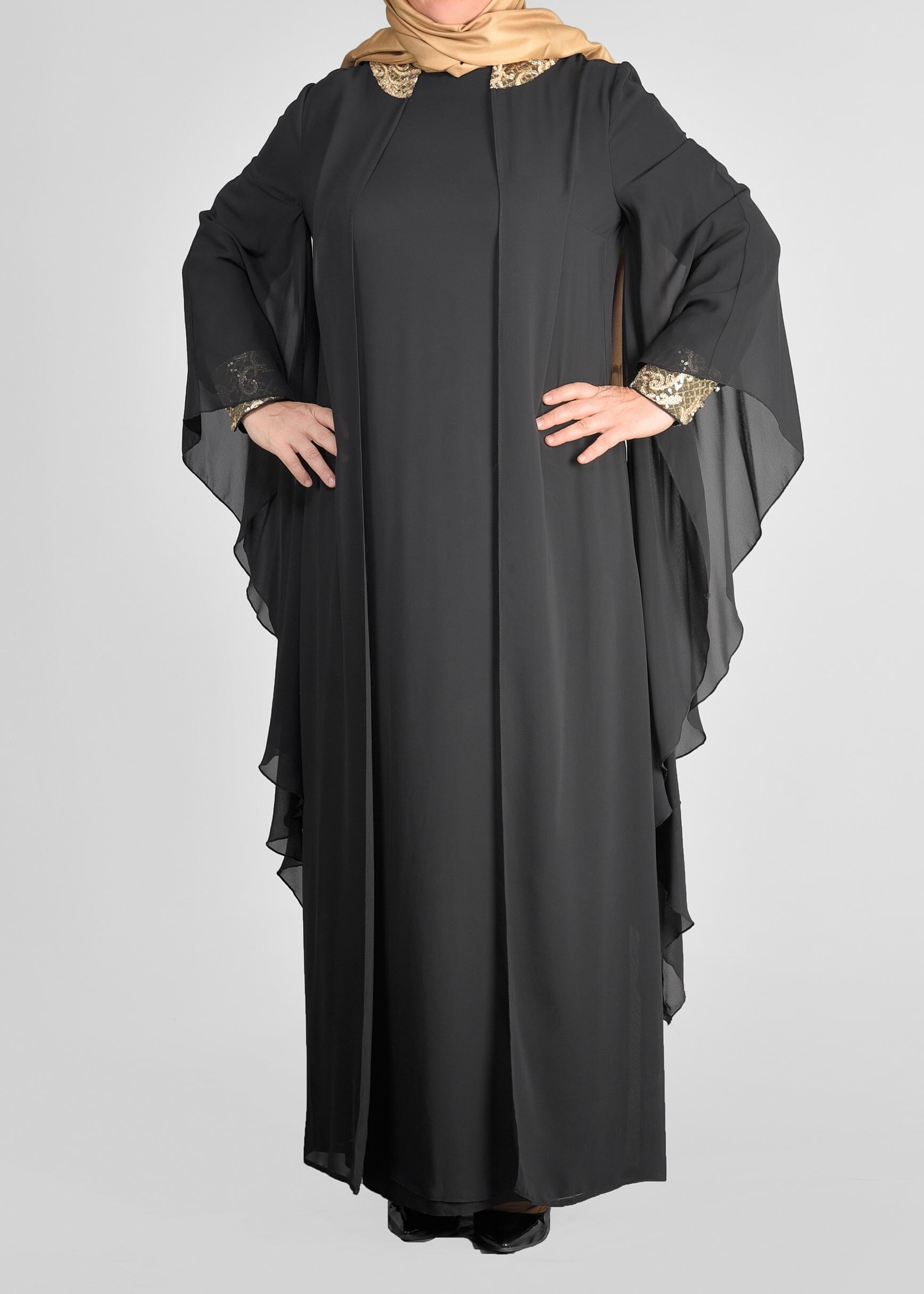 Tesettür giyim SİYAH YARASA KOLLU ŞİFON ABİYE ELBİSE 5406