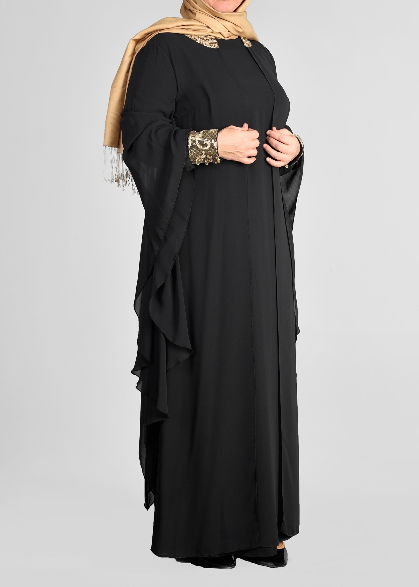 Tesettür giyim SİYAH YARASA KOLLU ŞİFON ABİYE ELBİSE 5406