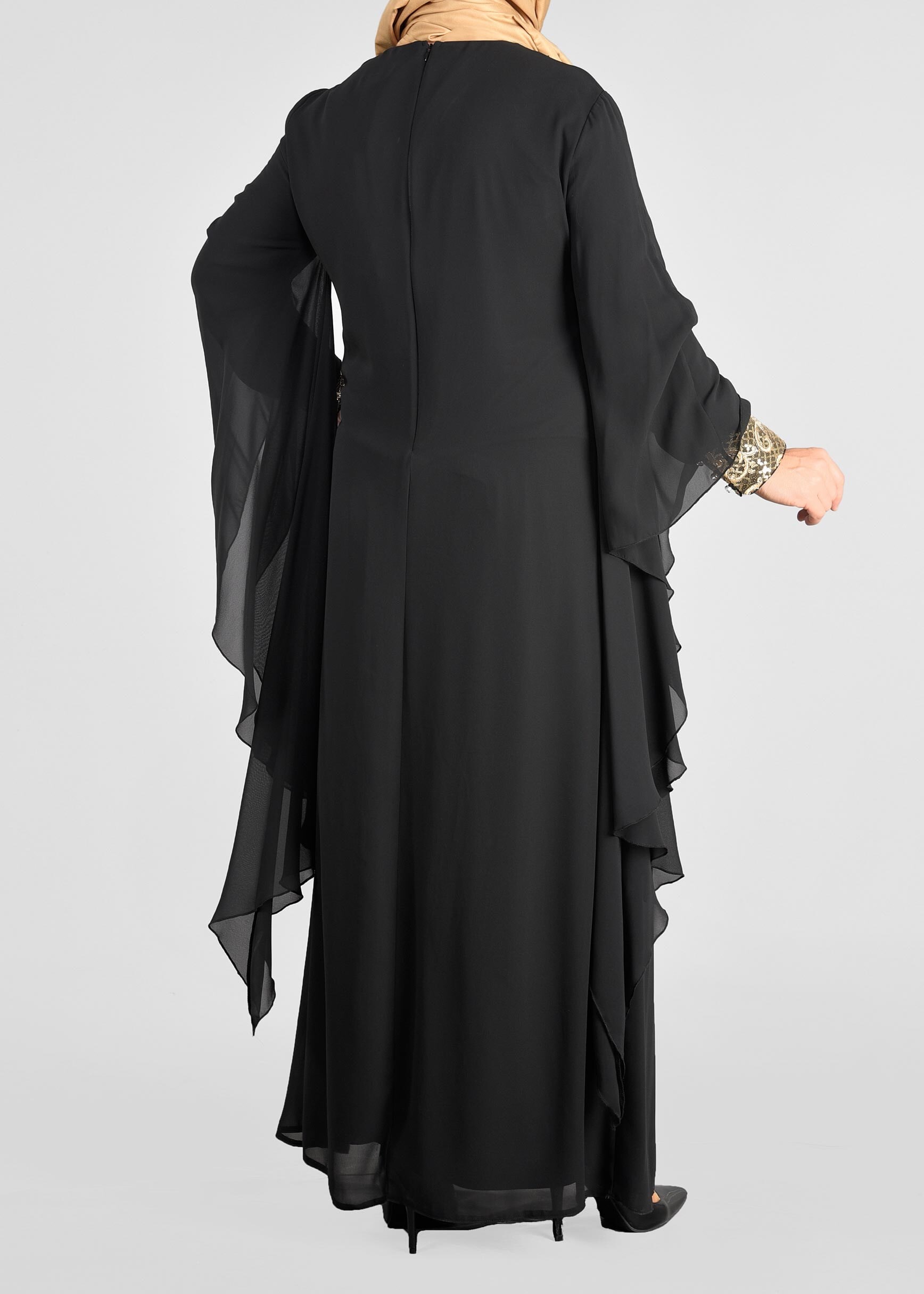 Tesettür giyim SİYAH YARASA KOLLU ŞİFON ABİYE ELBİSE 5406