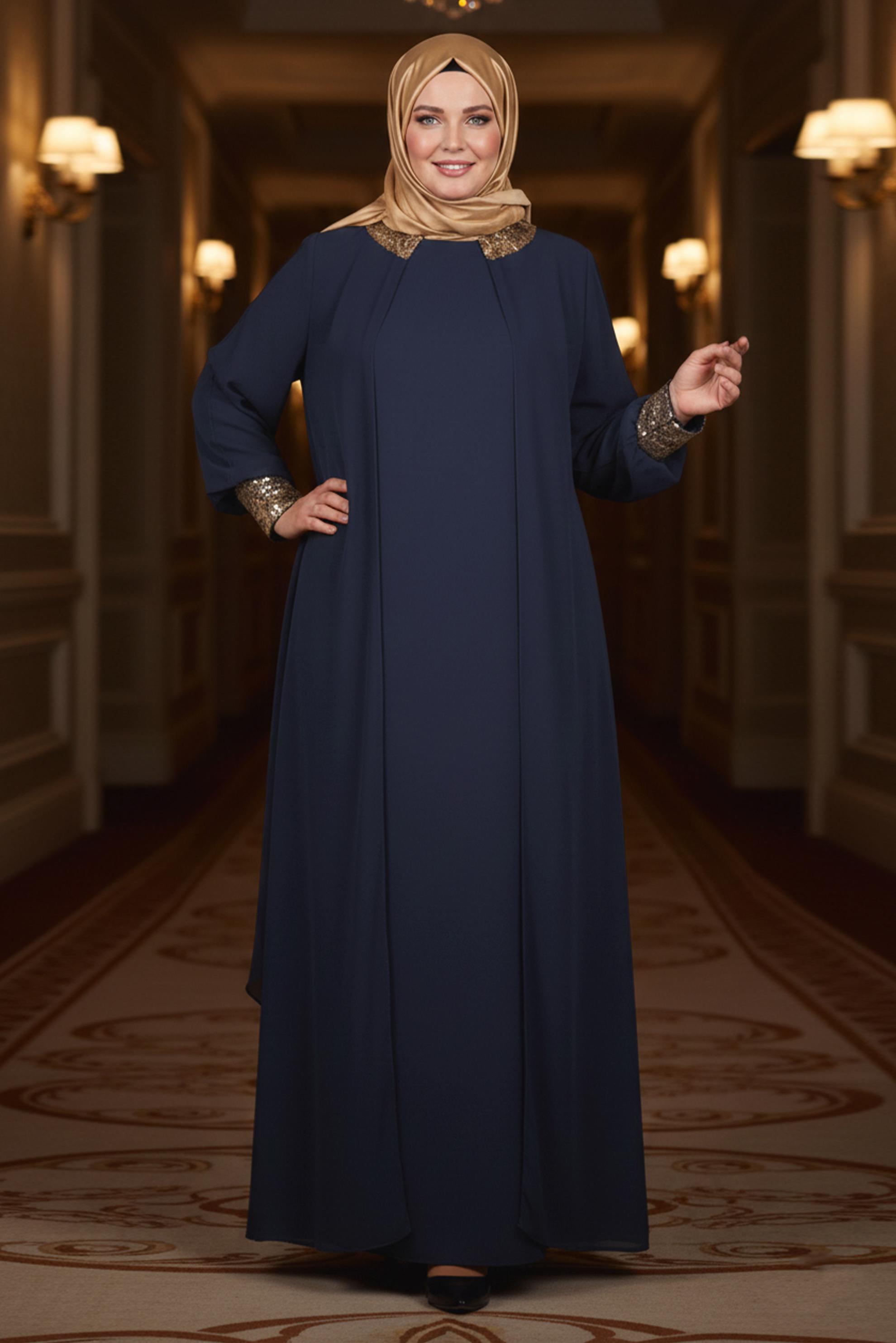 Tesettür giyim LACİVERT YARASA KOLLU ŞİFON ABİYE ELBİSE 5406