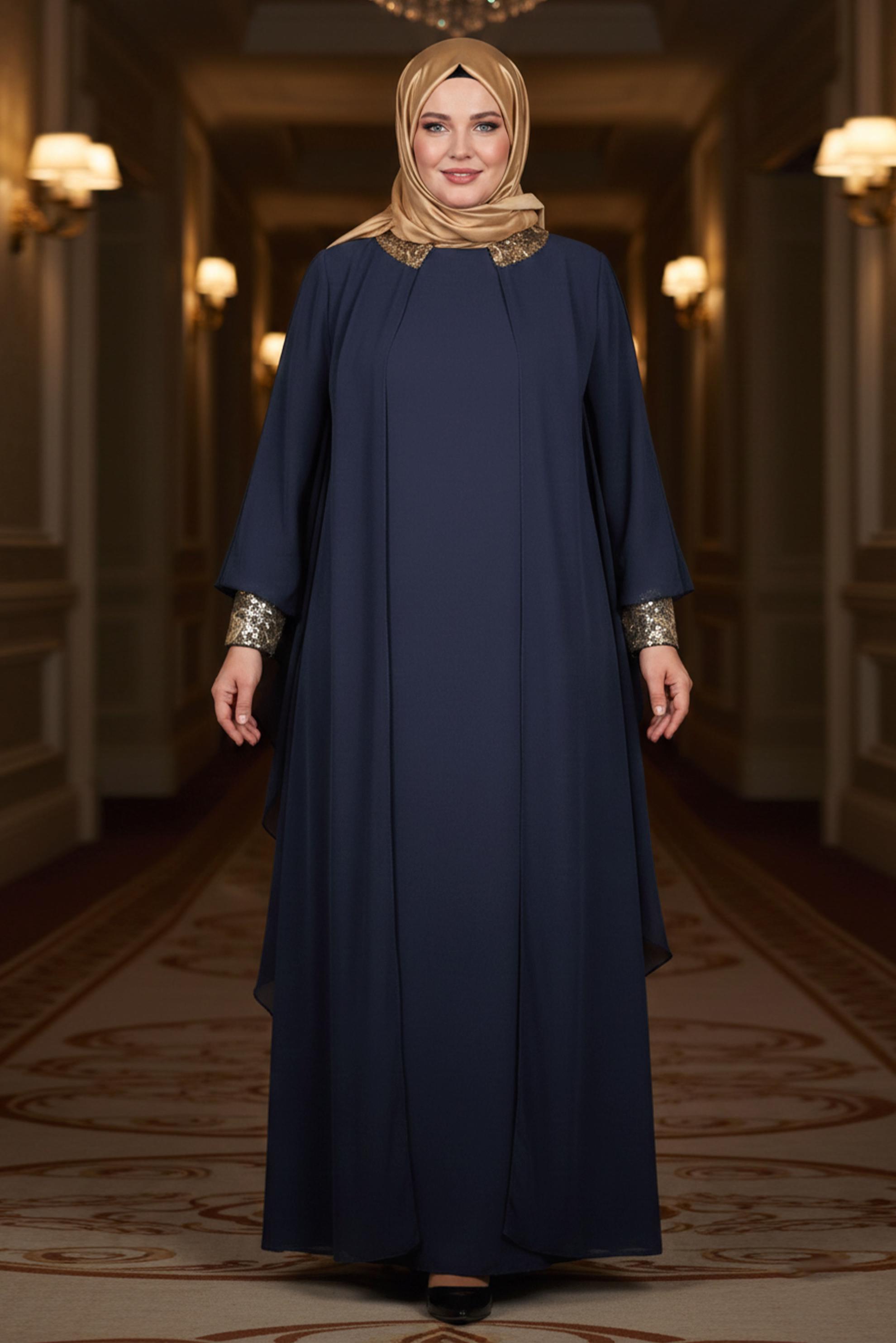 Tesettür giyim LACİVERT YARASA KOLLU ŞİFON ABİYE ELBİSE 5406
