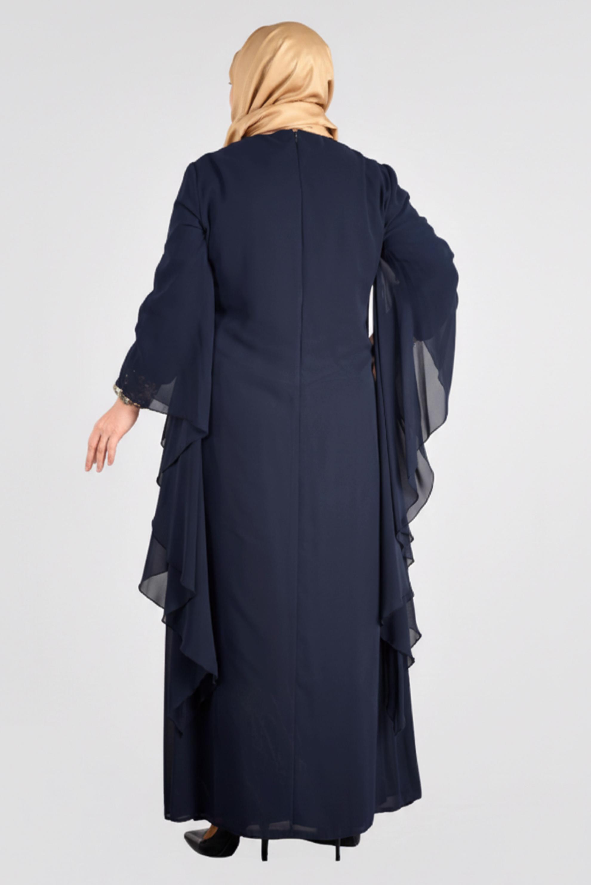 Tesettür giyim LACİVERT YARASA KOLLU ŞİFON ABİYE ELBİSE 5406