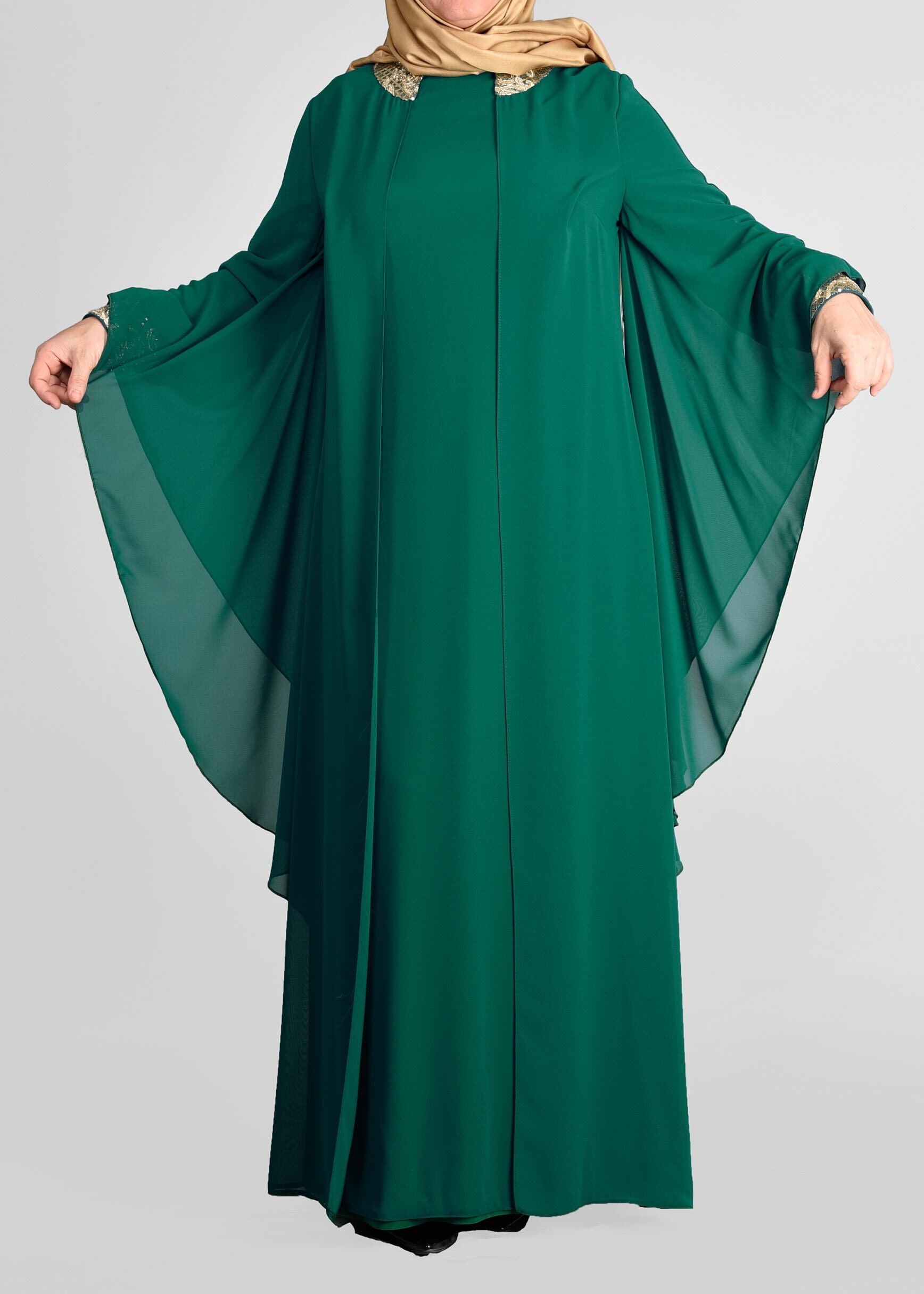 Tesettür giyim YEŞİL YARASA KOLLU ŞİFON ABİYE ELBİSE 5406