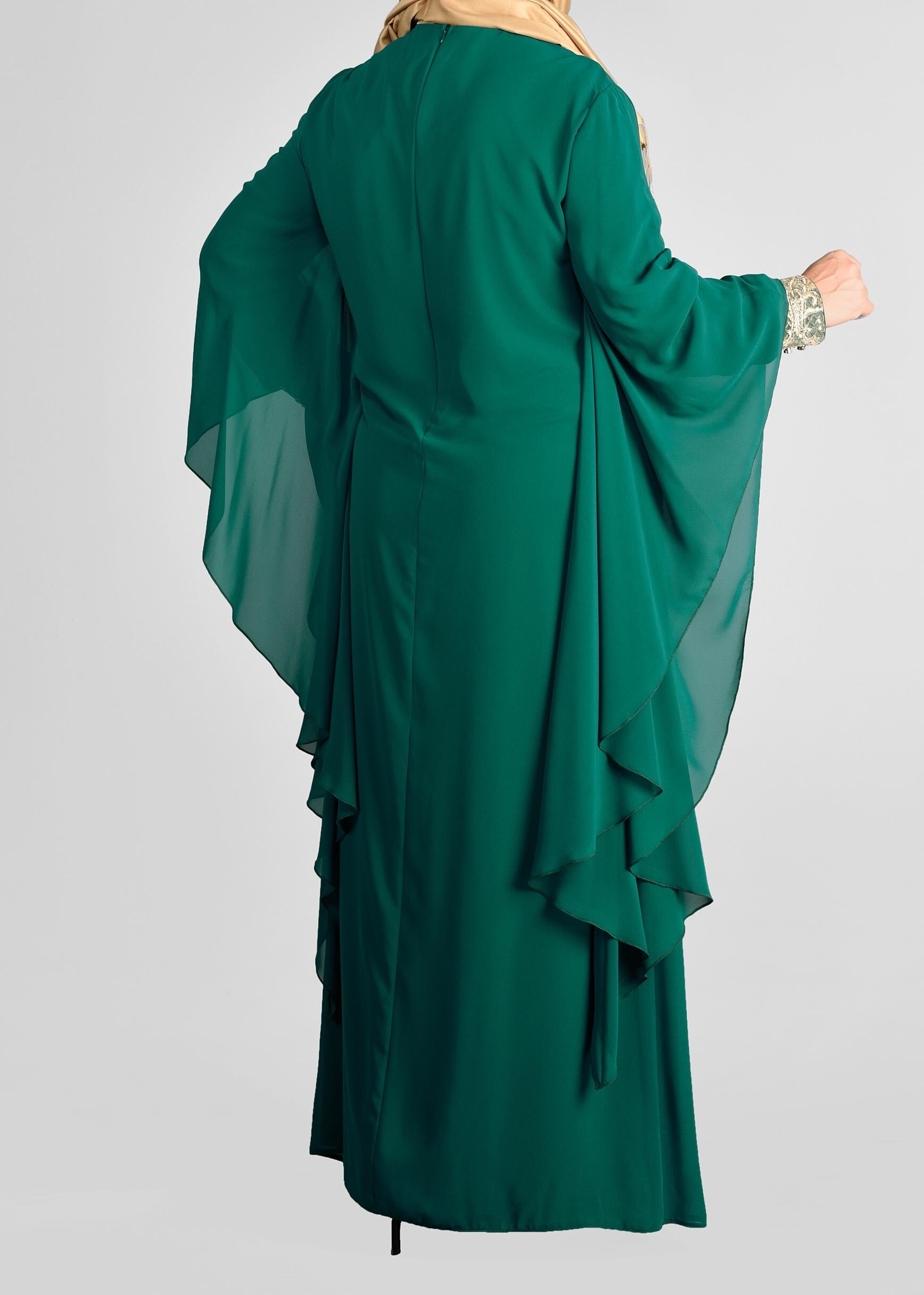 Tesettür giyim YEŞİL YARASA KOLLU ŞİFON ABİYE ELBİSE 5406