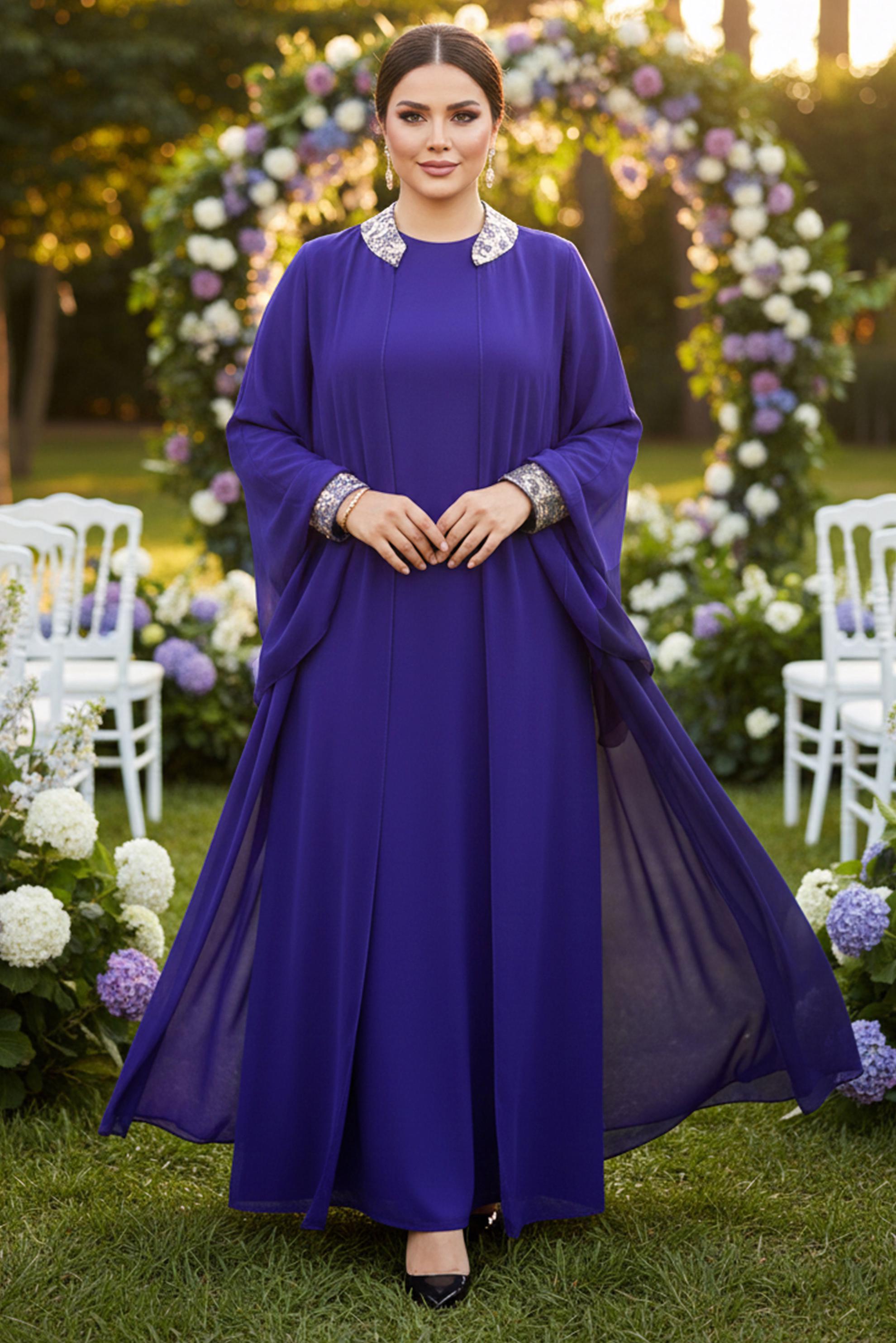 Tesettür giyim MAVİ YARASA KOLLU ŞİFON ABİYE ELBİSE 5406