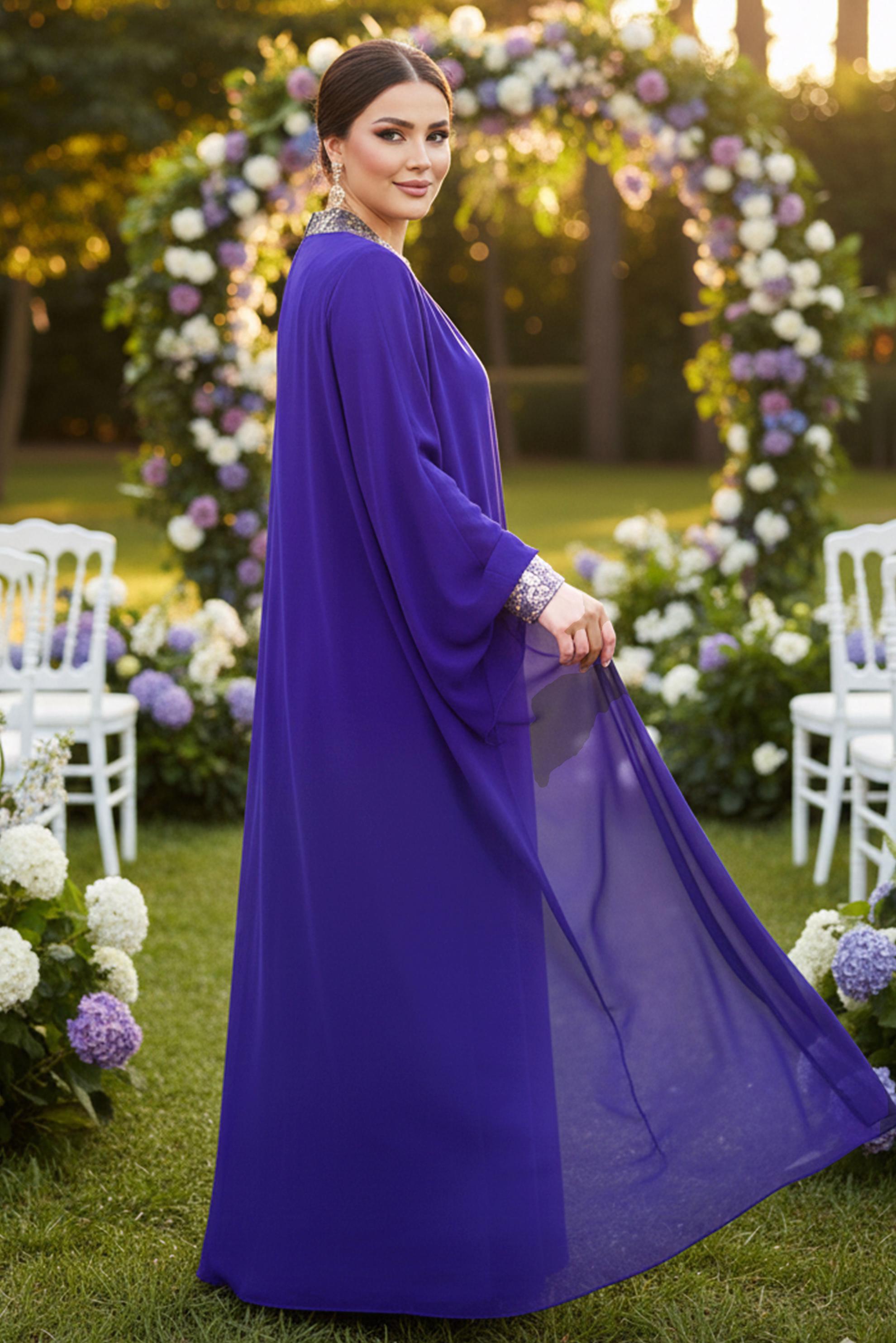 Tesettür giyim MAVİ YARASA KOLLU ŞİFON ABİYE ELBİSE 5406