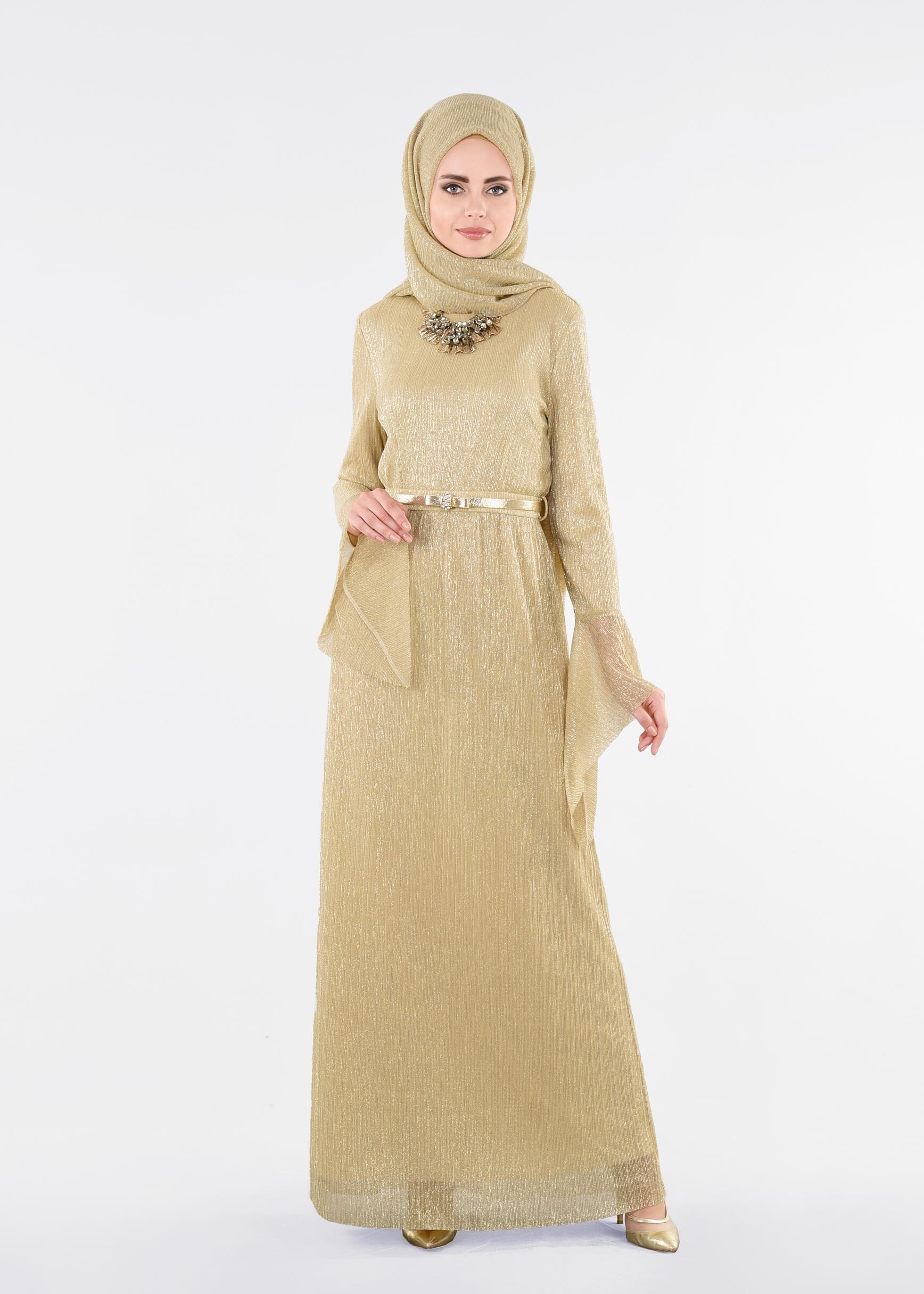 Tesettür giyim ALTIN MANŞETLERİ VOLANLI ABİYE ELBİSE 5409