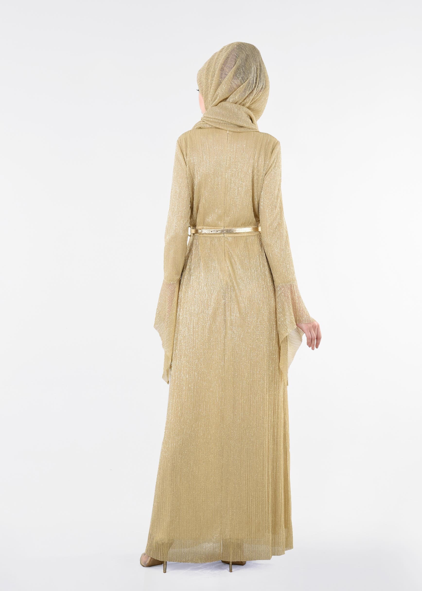 Tesettür giyim ALTIN MANŞETLERİ VOLANLI ABİYE ELBİSE 5409