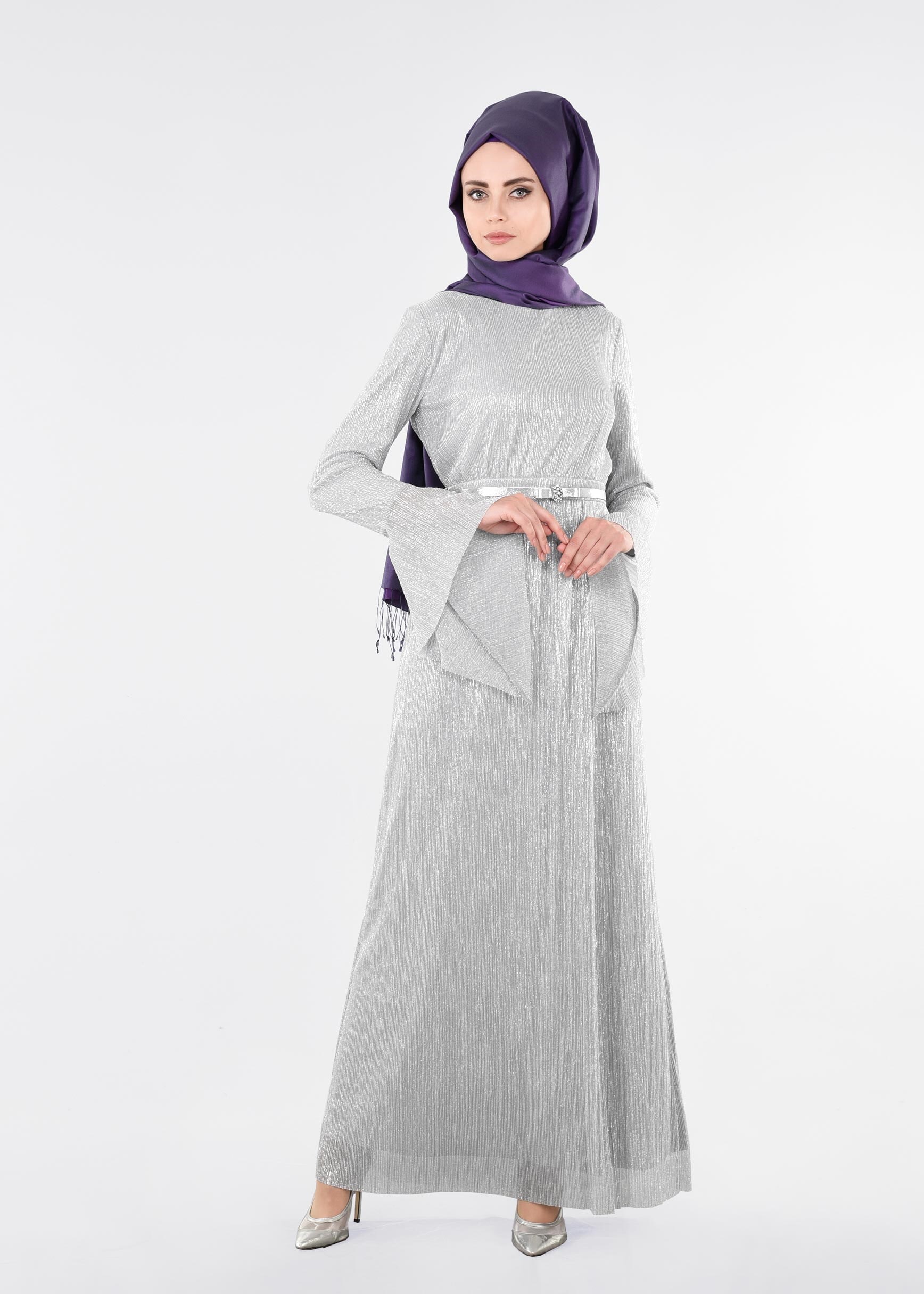 Tesettür giyim GÜMÜŞ MANŞETLERİ VOLANLI ABİYE ELBİSE 5409