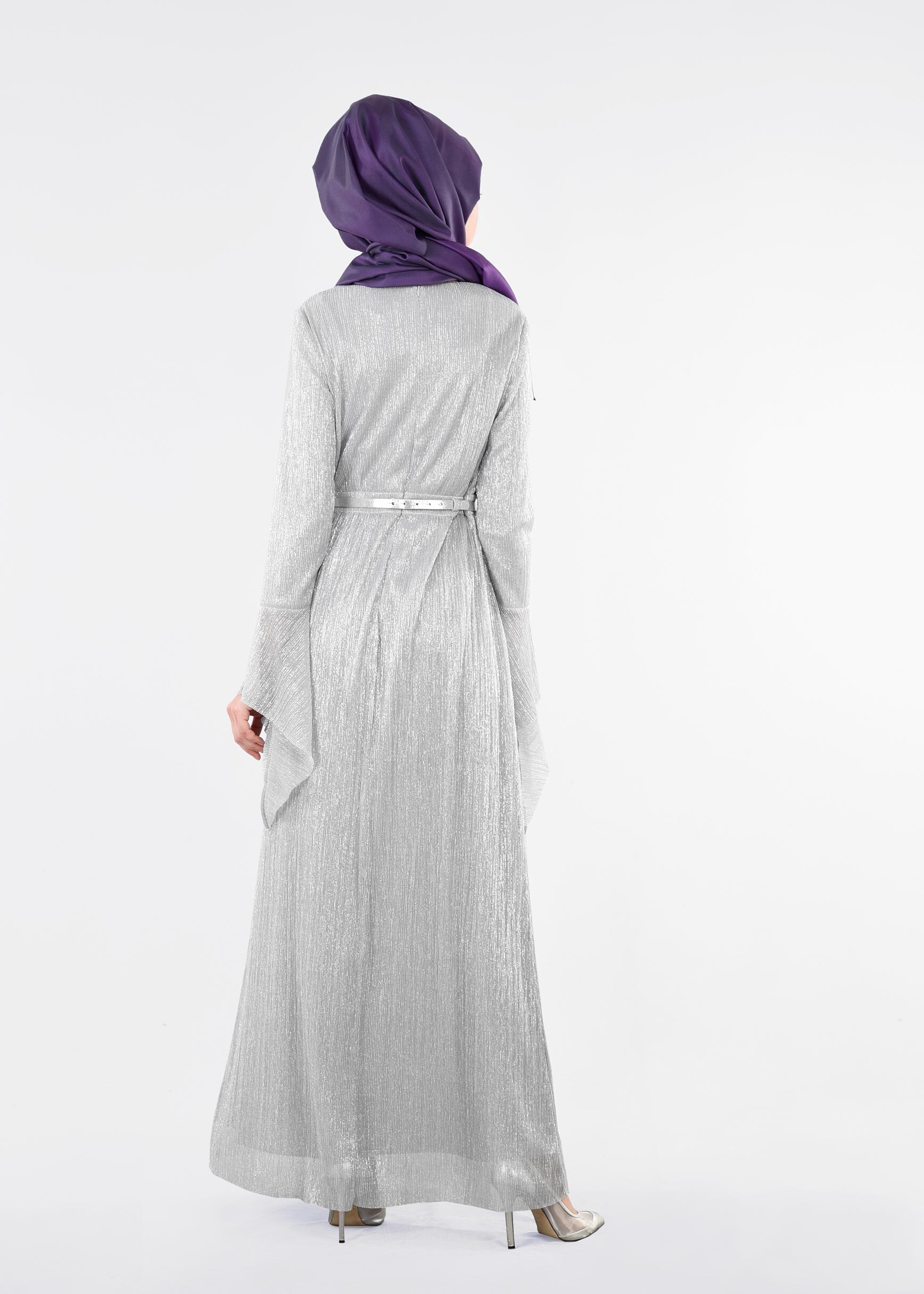 Tesettür giyim GÜMÜŞ MANŞETLERİ VOLANLI ABİYE ELBİSE 5409