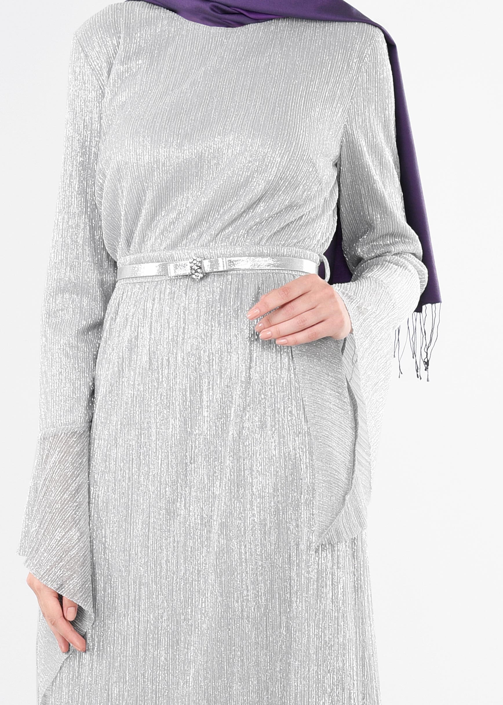 Tesettür giyim GÜMÜŞ MANŞETLERİ VOLANLI ABİYE ELBİSE 5409