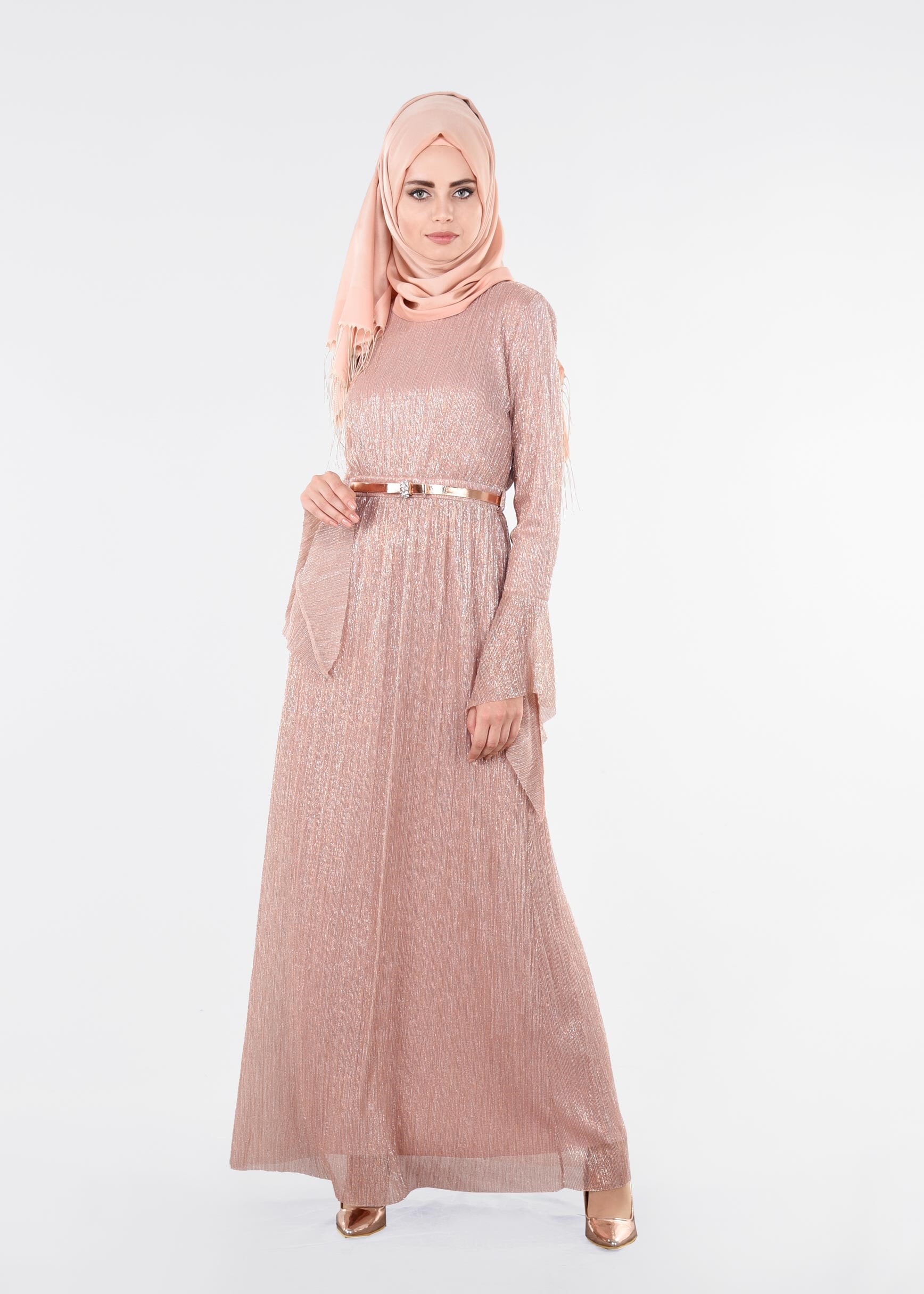 Tesettür giyim PUDRA MANŞETLERİ VOLANLI ABİYE ELBİSE 5409