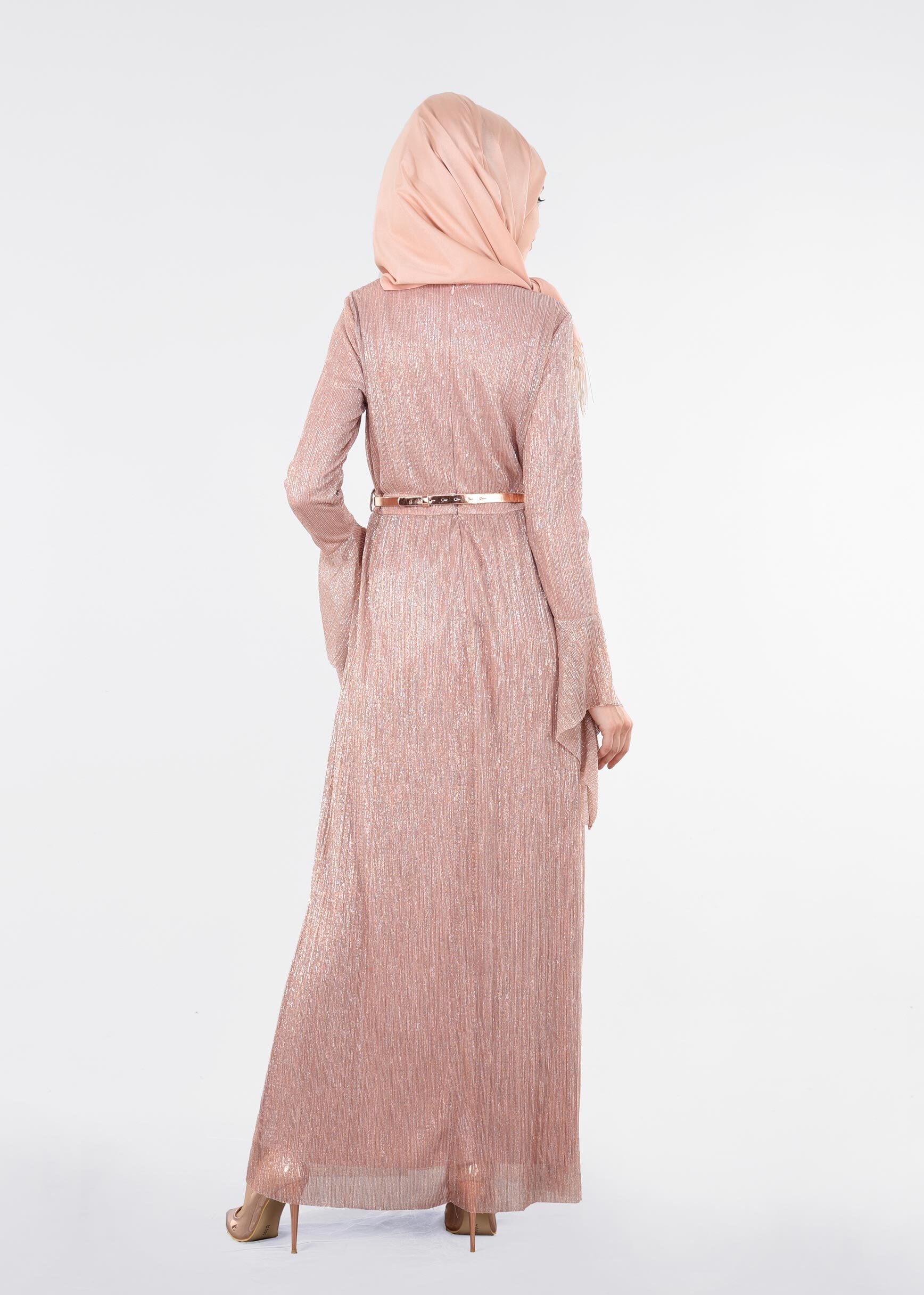 Tesettür giyim PUDRA MANŞETLERİ VOLANLI ABİYE ELBİSE 5409