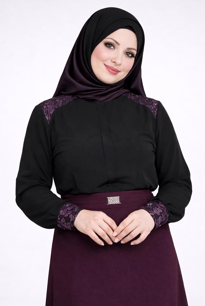 Hijab clothing BLACK EMBROIDERED CUFFS AND SHOULDERS BLOUSE 2680 - ALVİNA